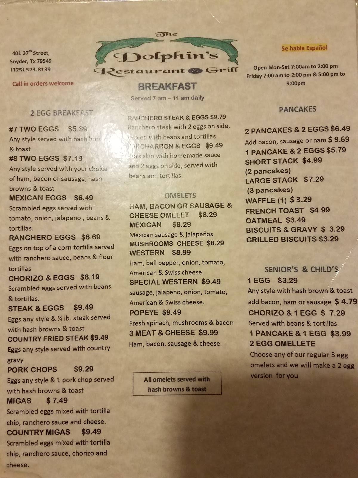 Menu at Dolphin's Restaurant & Grill, Snyder