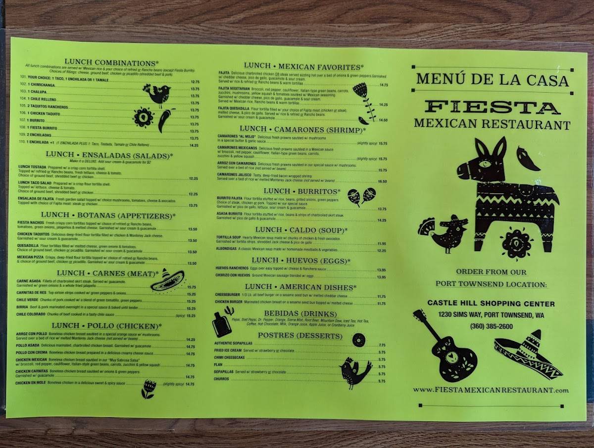 Menu at Fiesta Mexican Restaurant, Port Townsend