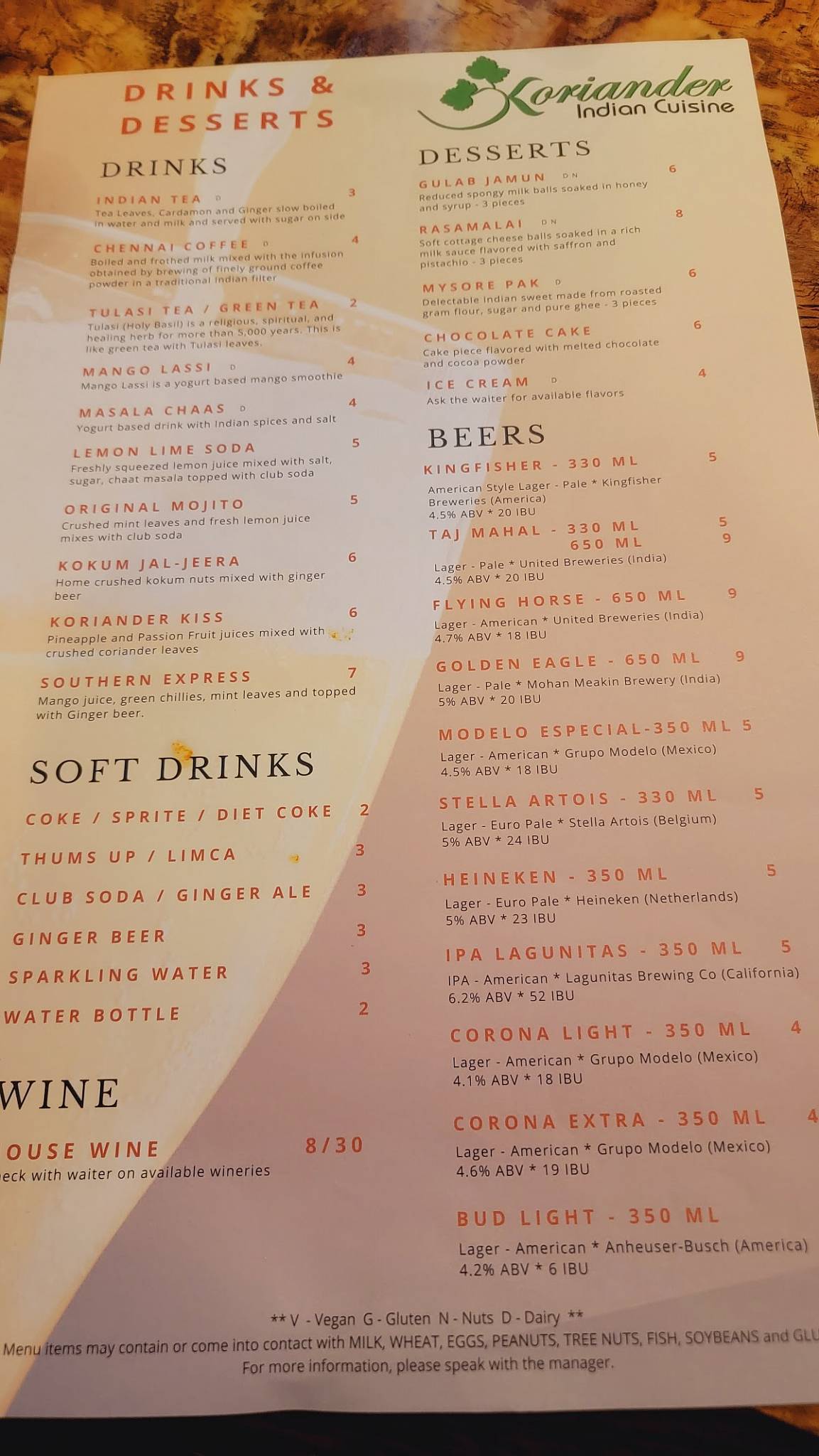 Menu at Koriander Indian Cuisine restaurant, Belmont
