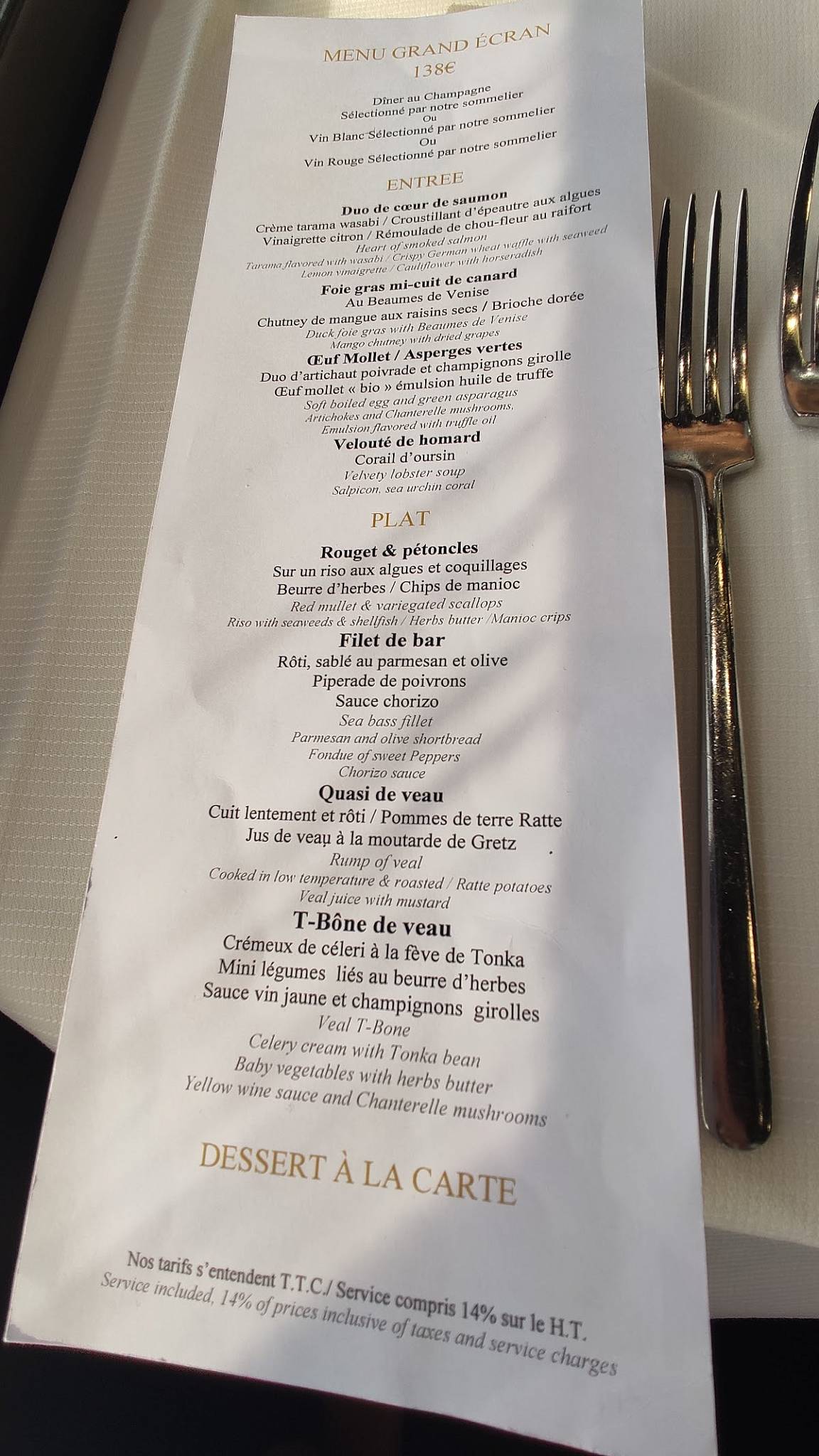 Le Ciel de Paris Restaurant menu