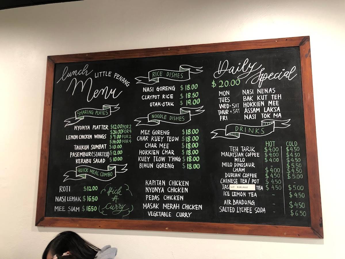 Menu at Little Penang restaurant, Wellington, 179 Victoria St