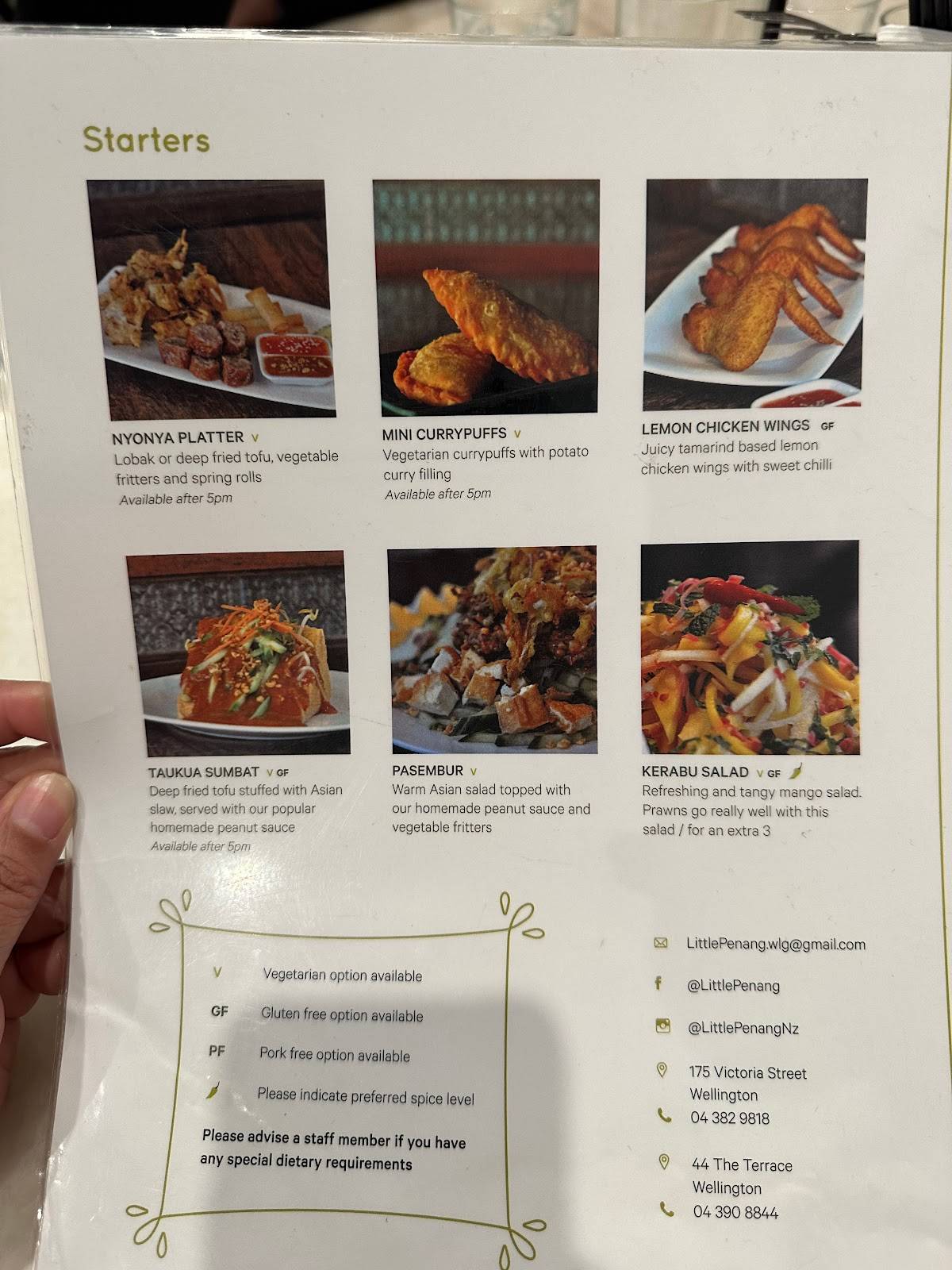 Menu at Little Penang restaurant, Wellington, 179 Victoria St
