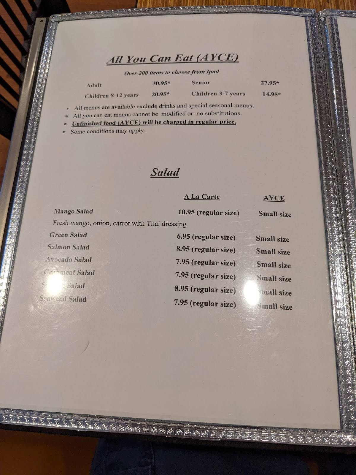 Menu at Rose Apple restaurant, Sudbury, Paris St