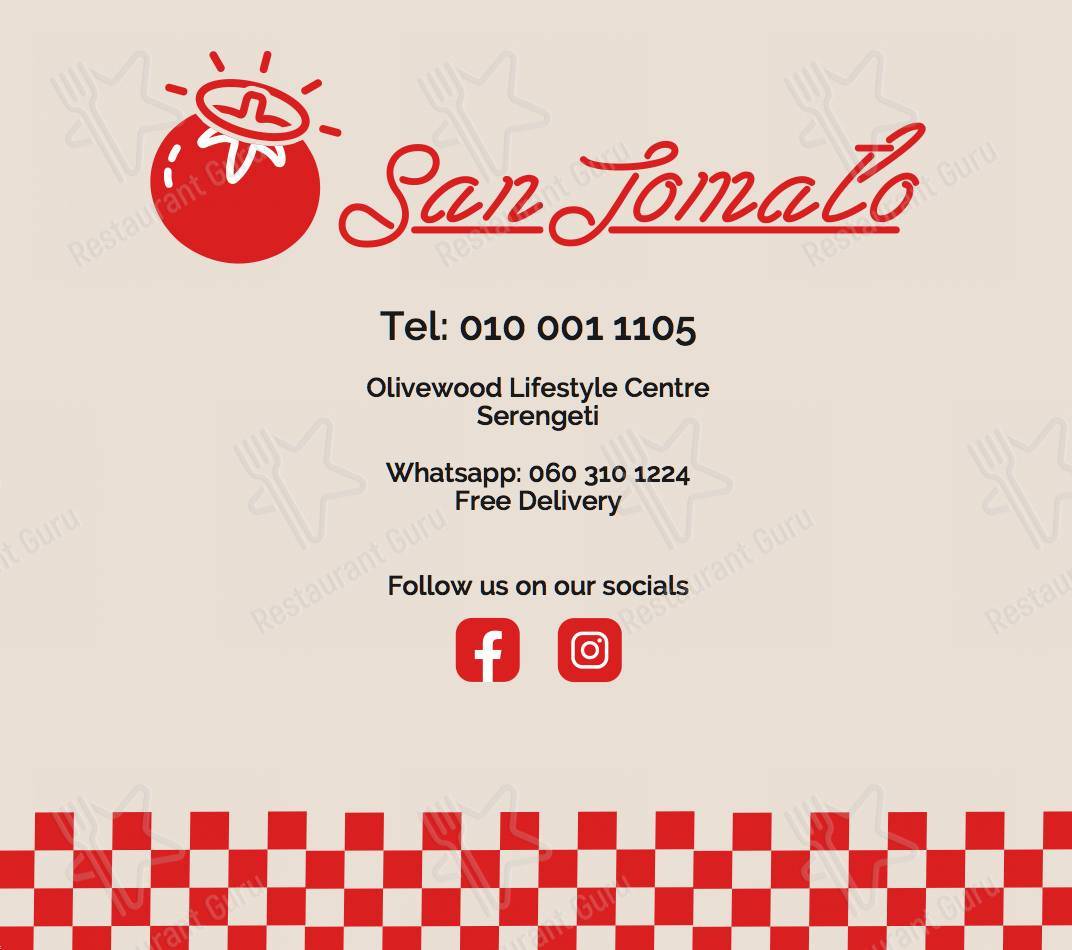 Menu at San Tomato restaurant, Kempton Park