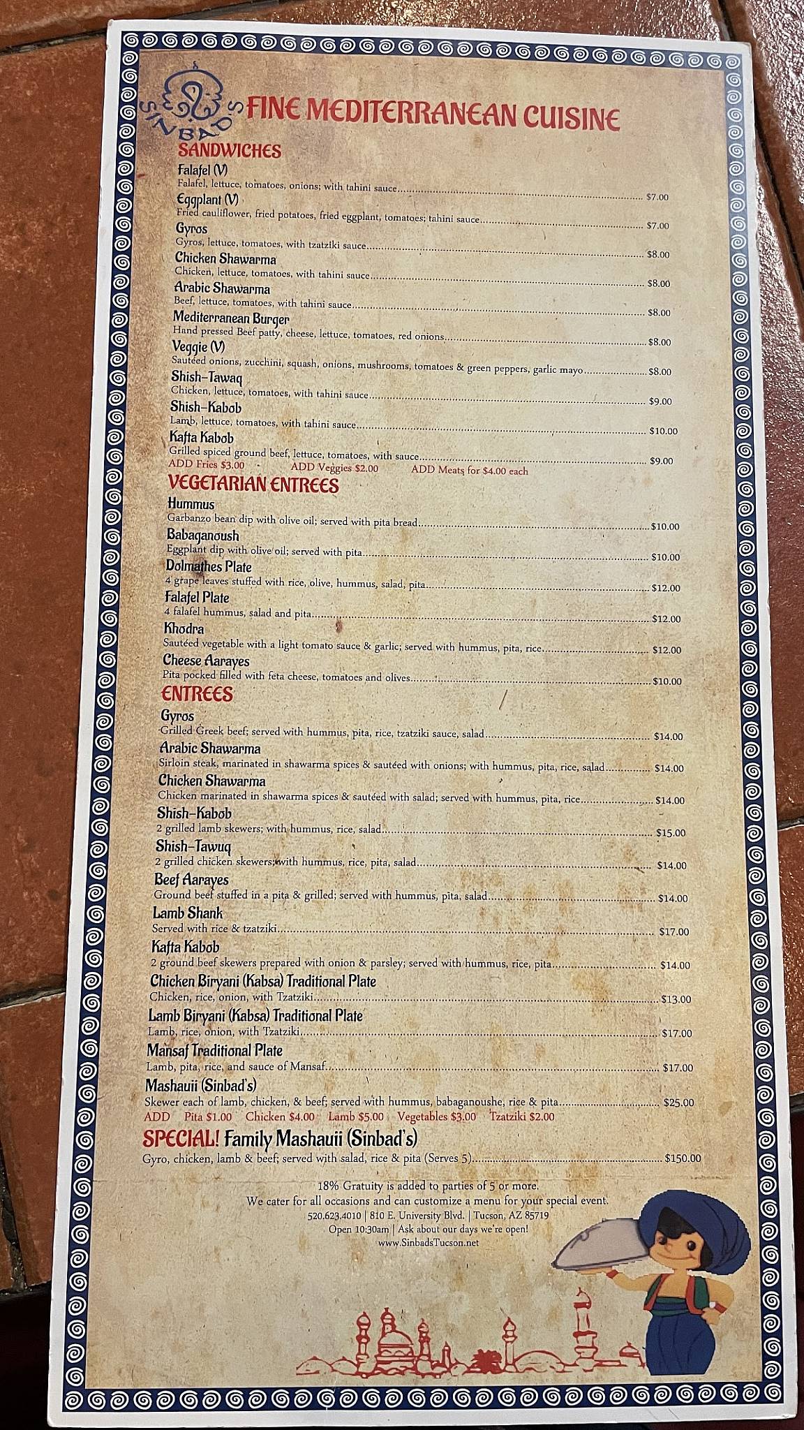 Menu at Sinbad's Restaurant, Tucson