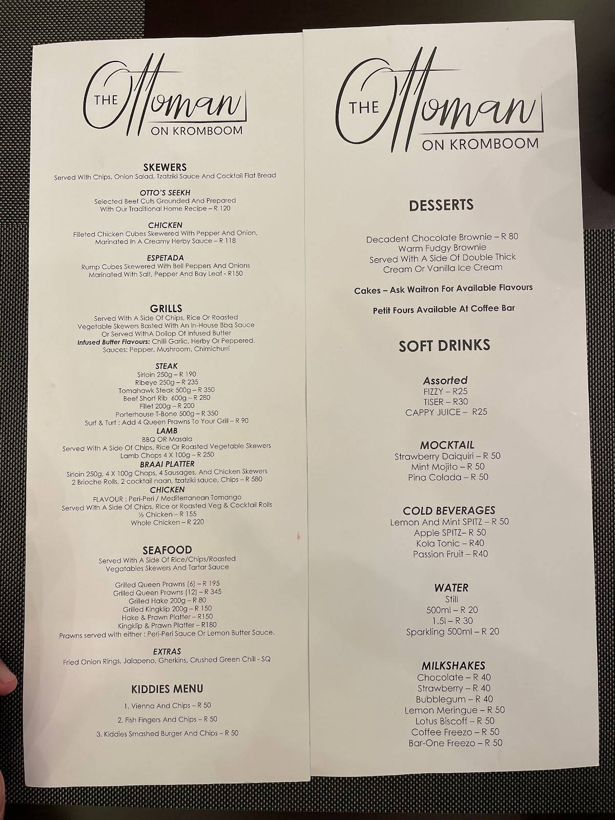 Menu at The Ottoman on Kromboom restaurant, Cape Town