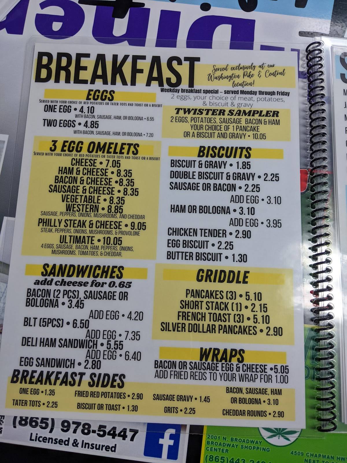 Menu at Twister's Diner restaurant, Knoxville, Washington Pike