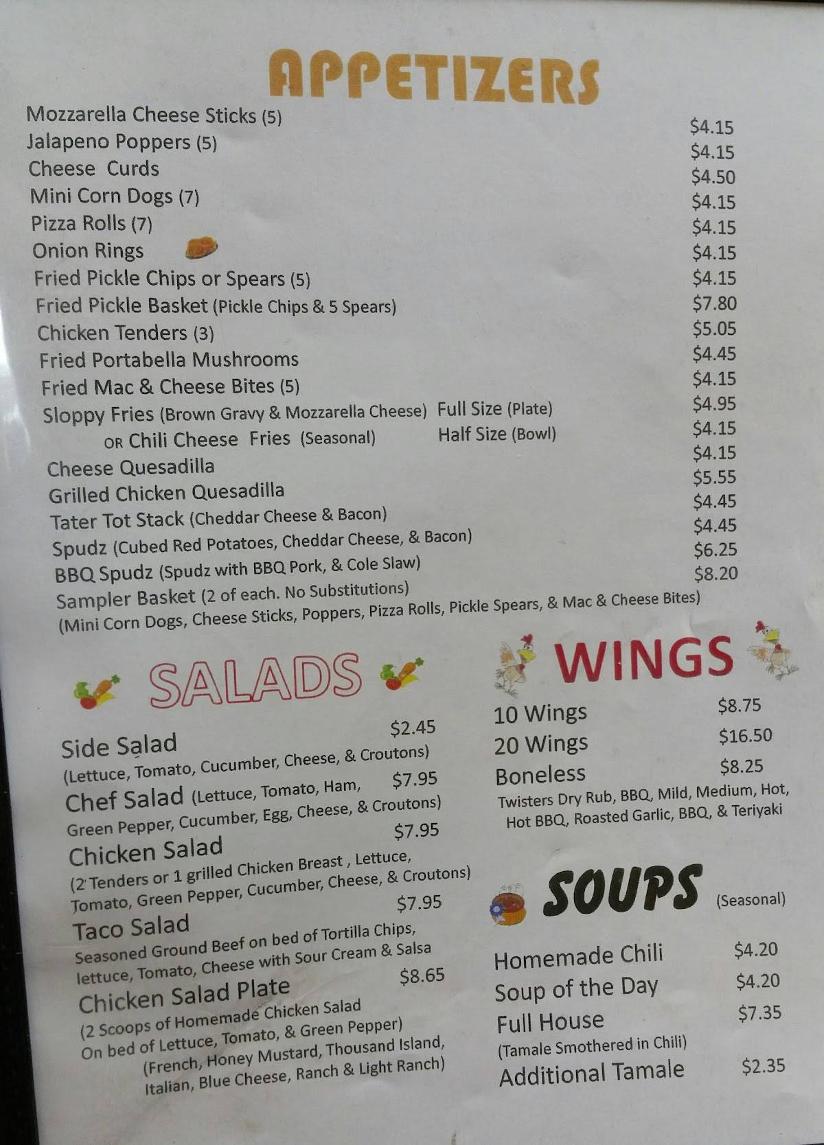 Menu at Twister's Diner restaurant, Knoxville, Washington Pike