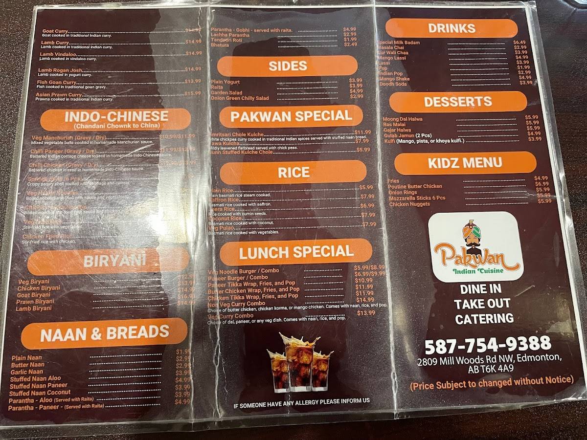 Menu au pakwan indian cuisine restaurant, Edmonton