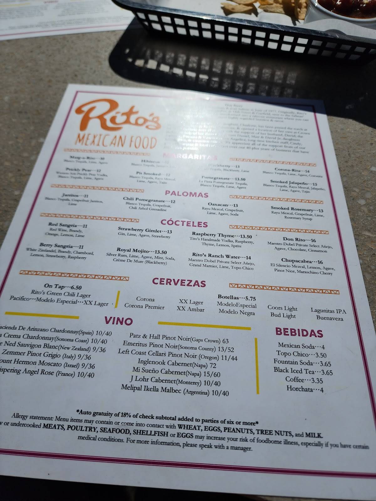 Menu At Rito S Mexican Food Restaurant Phoenix N Th St