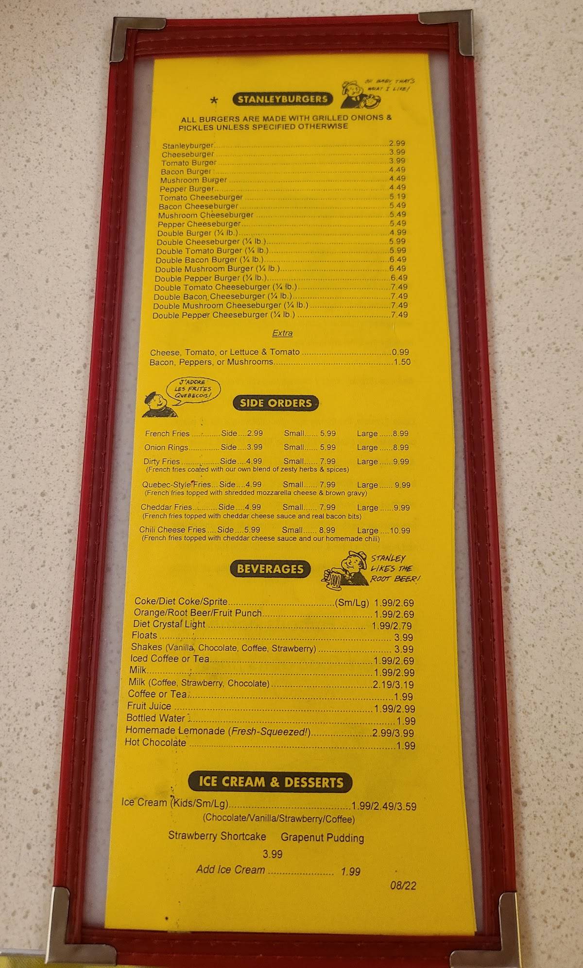 Menu at Stanley's Famous Hamburgers restaurant, Central Falls, 535