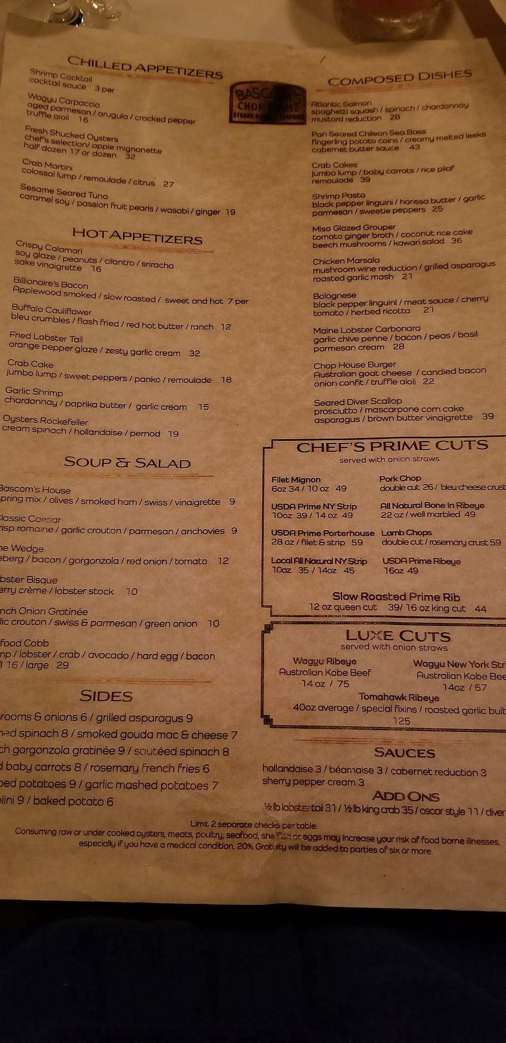Menu at Chop House steakhouse, Clearwater, Ulmerton Rd