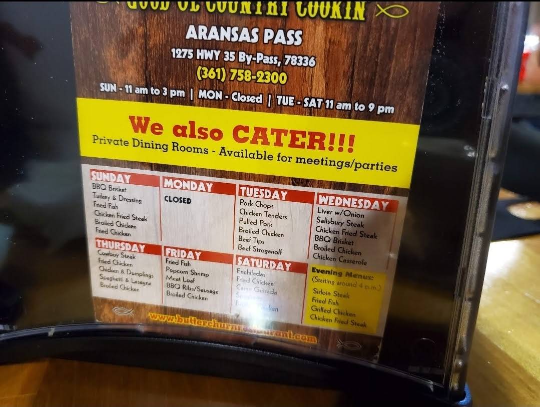 Menu at Butter Churn steakhouse, Aransas Pass, Hwy 35 Bypass