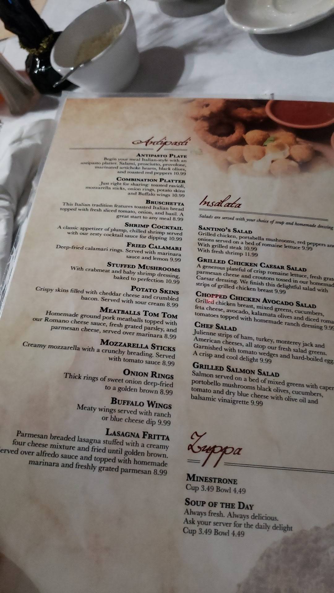 Menu at Santinos steakhouse, Alton