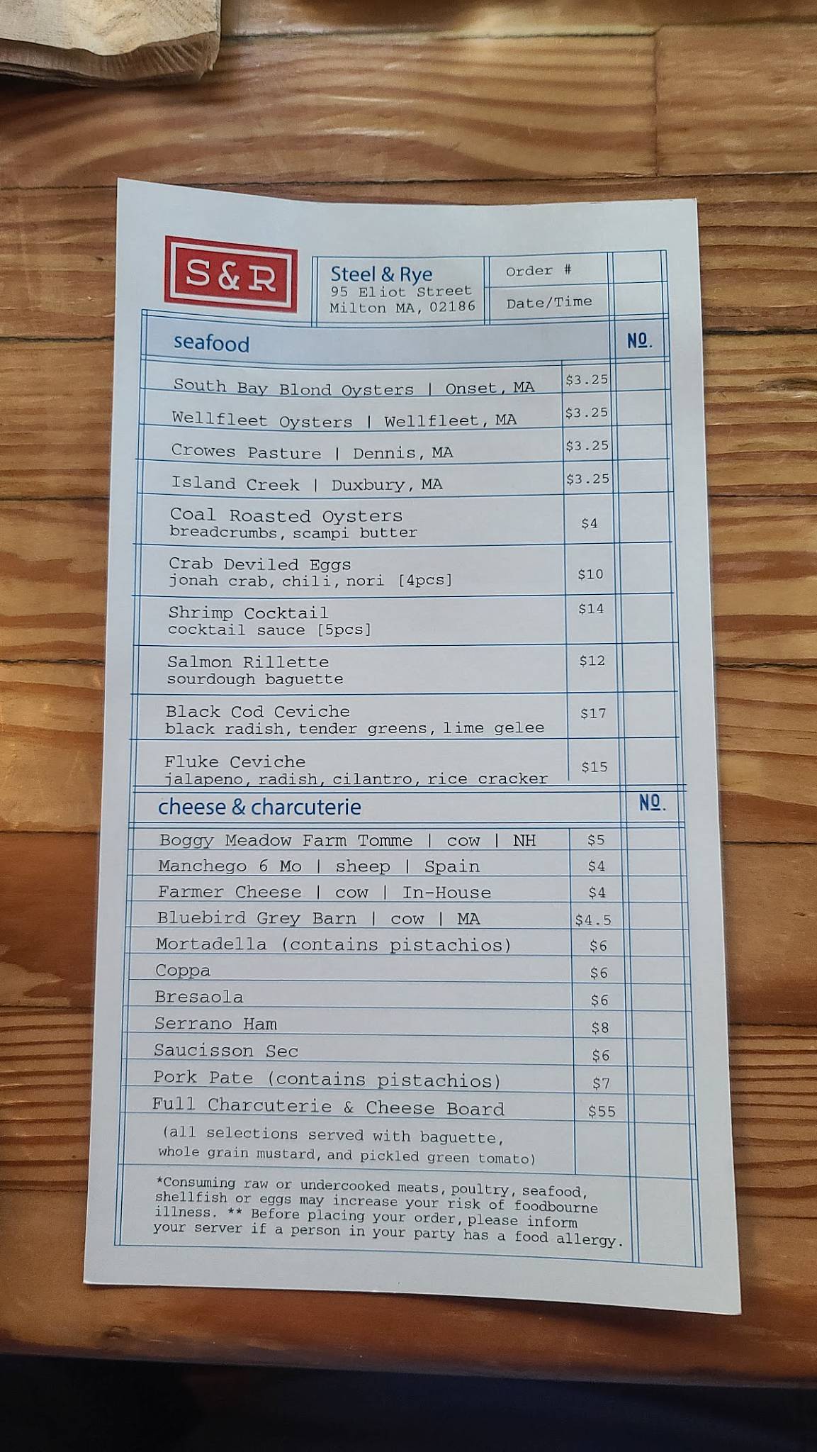 Menu at Steel & Rye restaurant, Milton