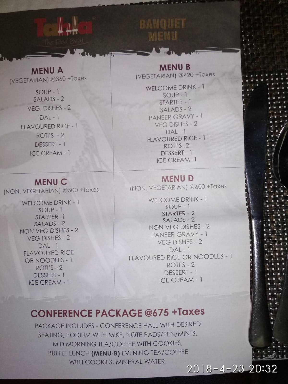 Menu at Tabla Kothapet, Hyderabad, Six Mall