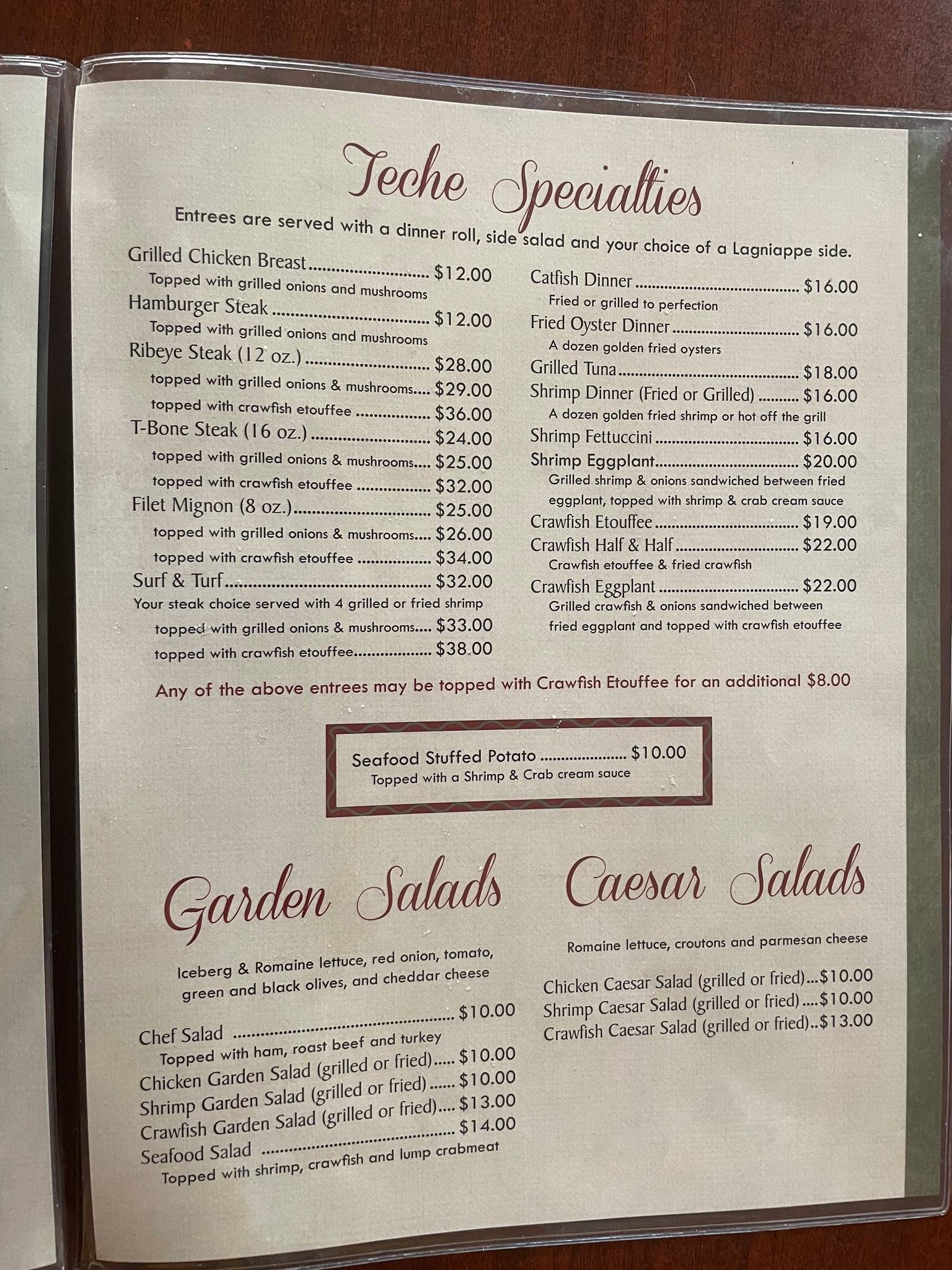 Menu at Teche Cafe, Loreauville