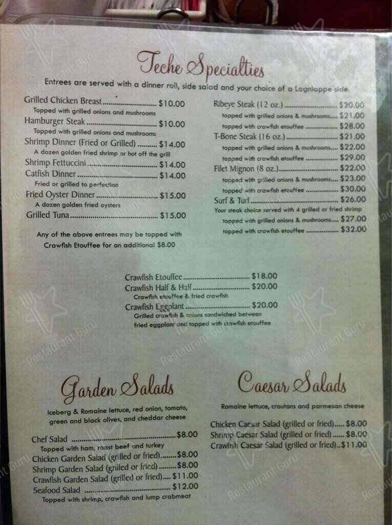 Menu at Teche Cafe, Loreauville