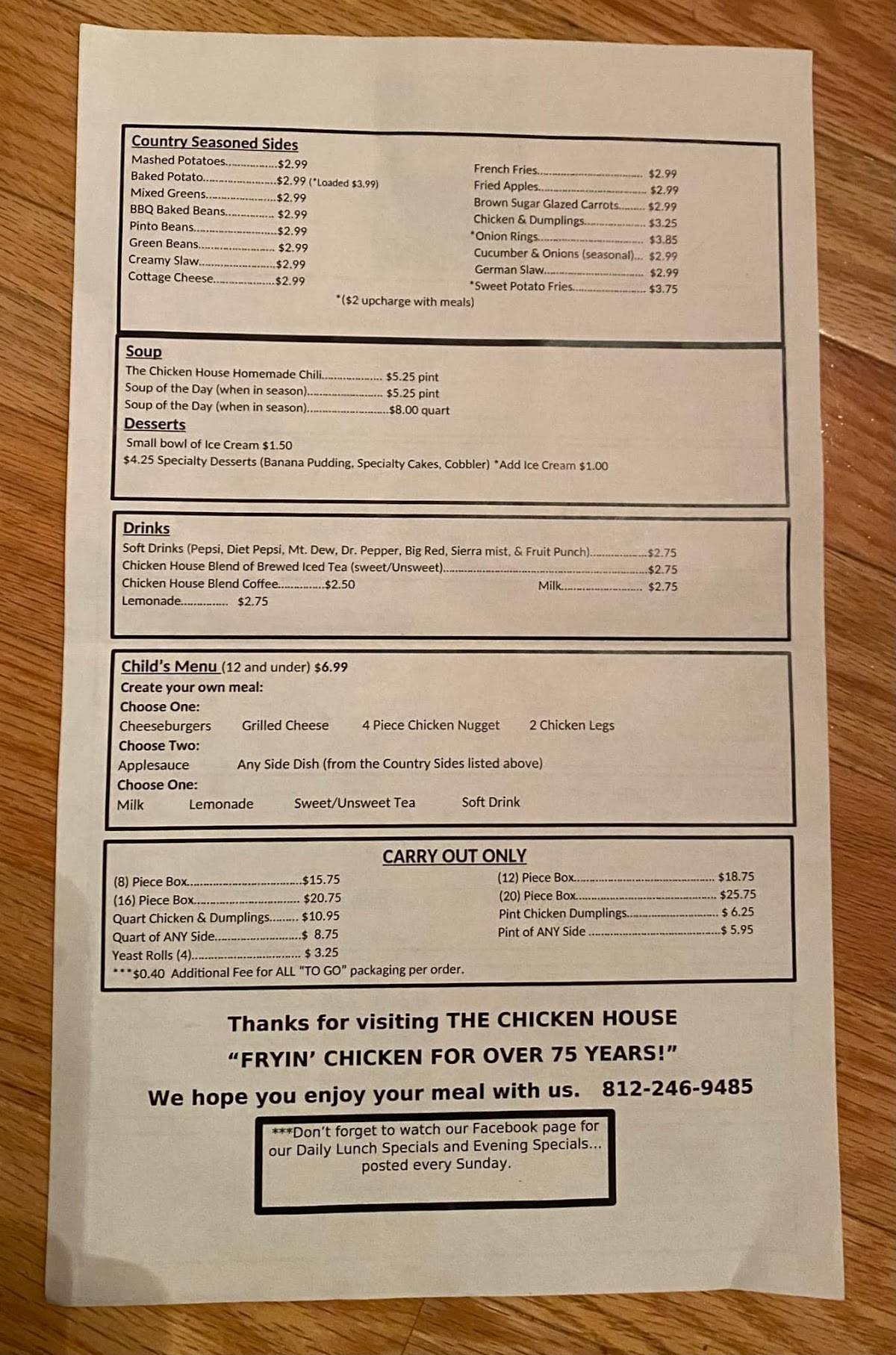 Menu at The Chicken House restaurant, Sellersburg, IN111