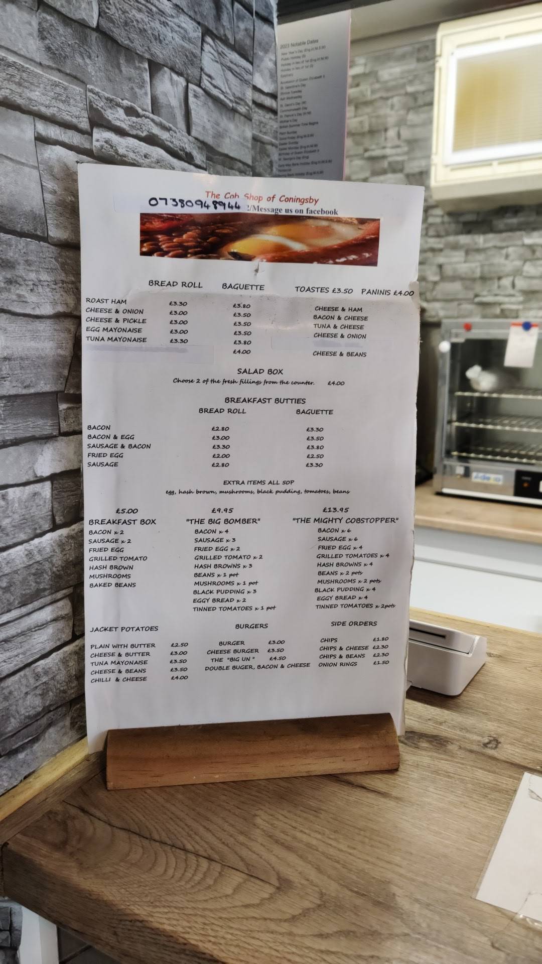 Menu at The Cob Shop restaurant, Coningsby