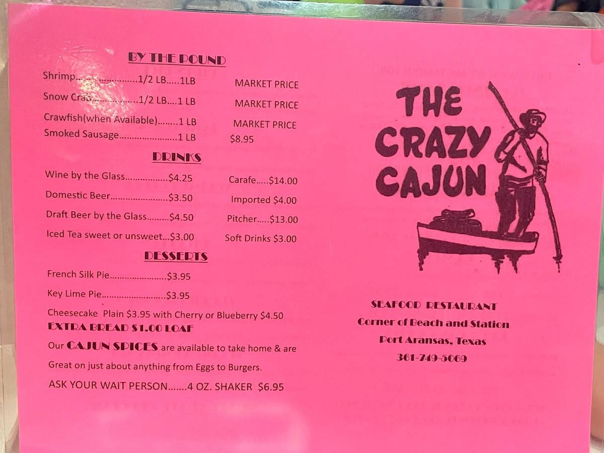 Menu at The Crazy Cajun Seafood Restaurant, Port Aransas