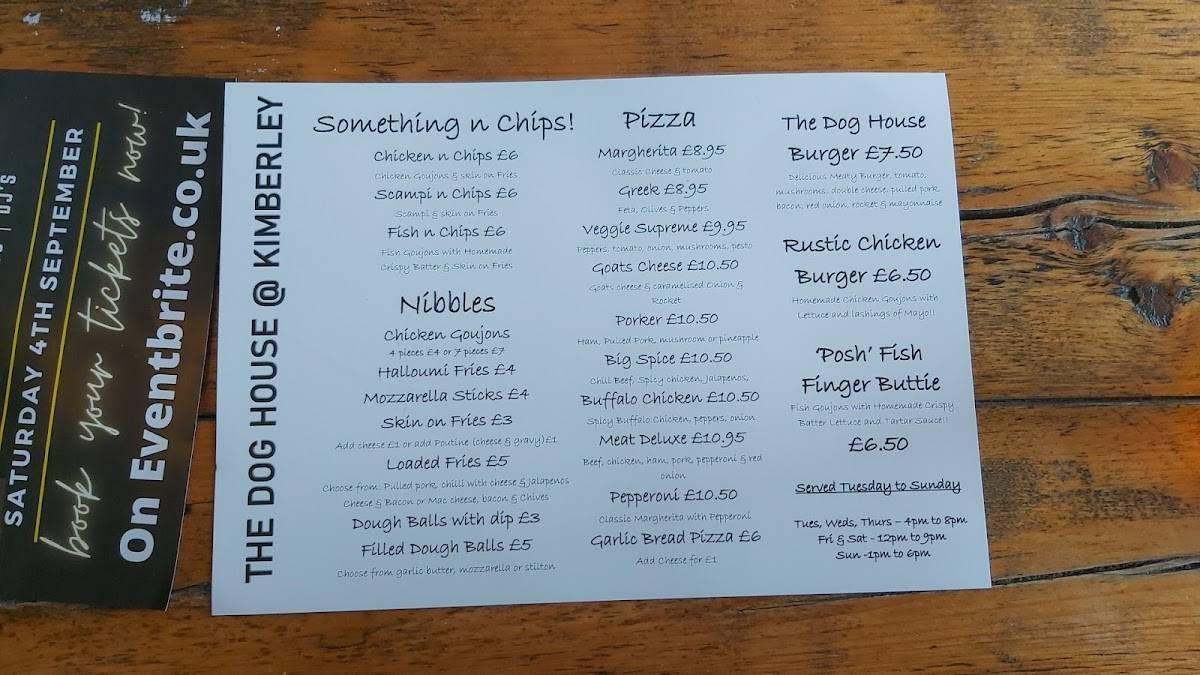 Menu at The Dog House at Kimberley pub & bar, Nottingham