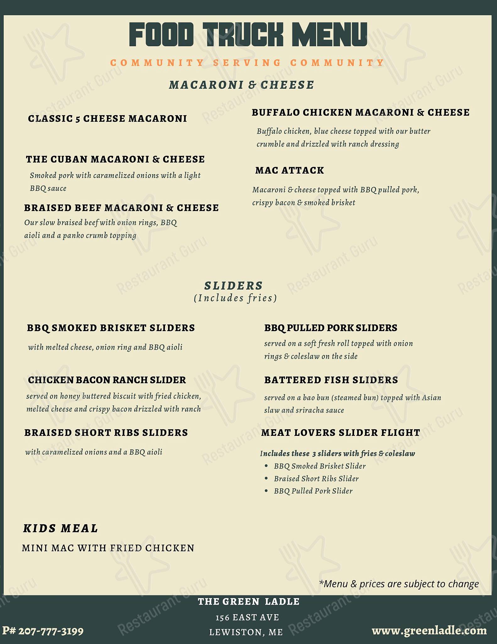 Menu at The Green Ladle restaurant, Lewiston