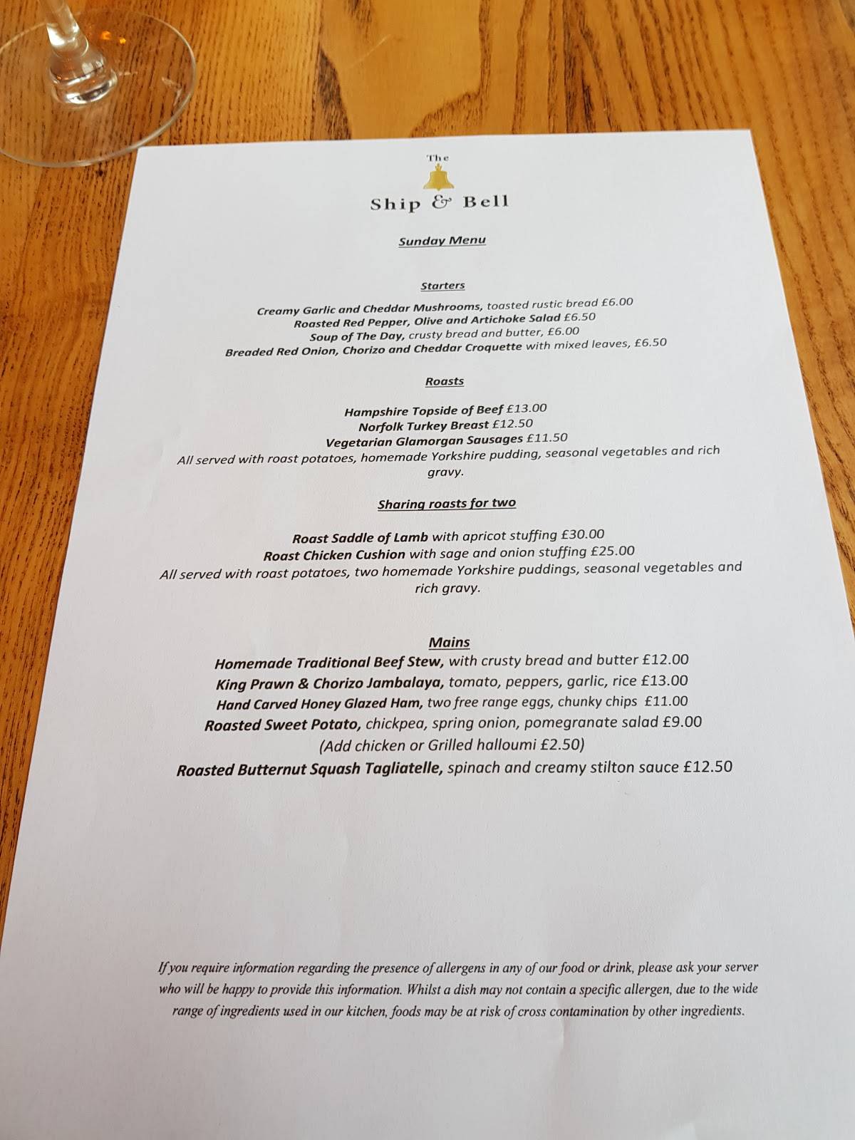 Menu at The Ship & Bell pub & bar, Waterlooville