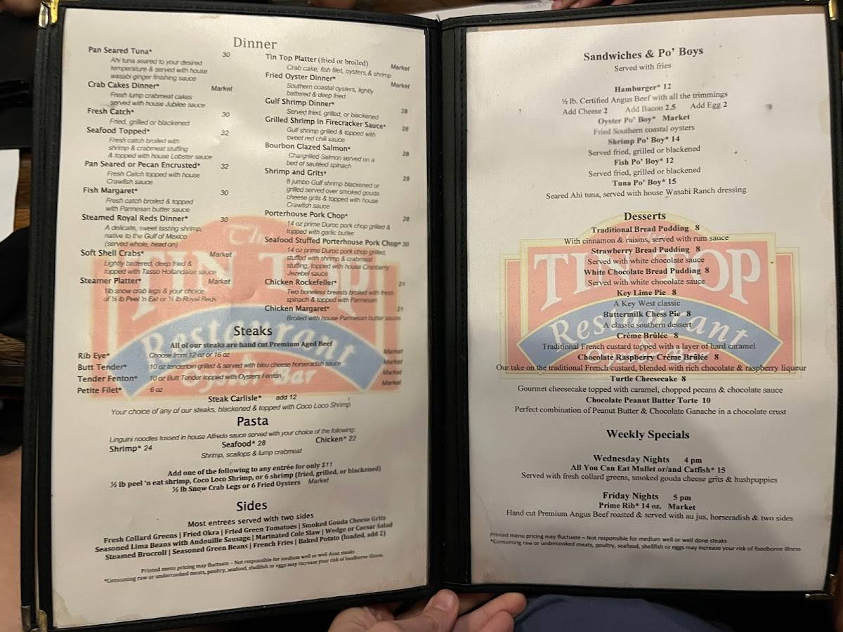 Menu at The Tin Top Restaurant & Oyster Bar, Bon Secour