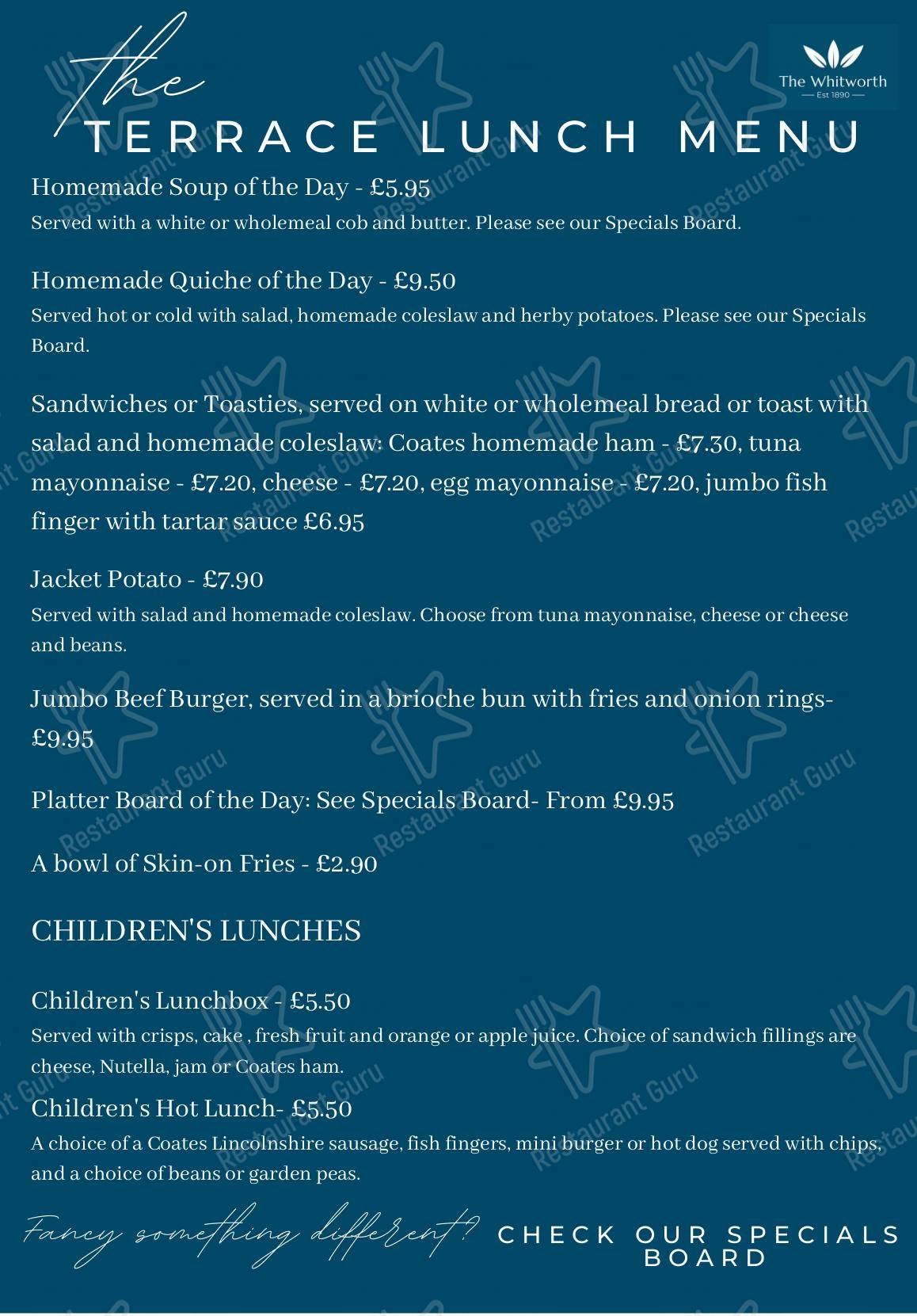 Menu at The Whitworth cafe, Darley Dale