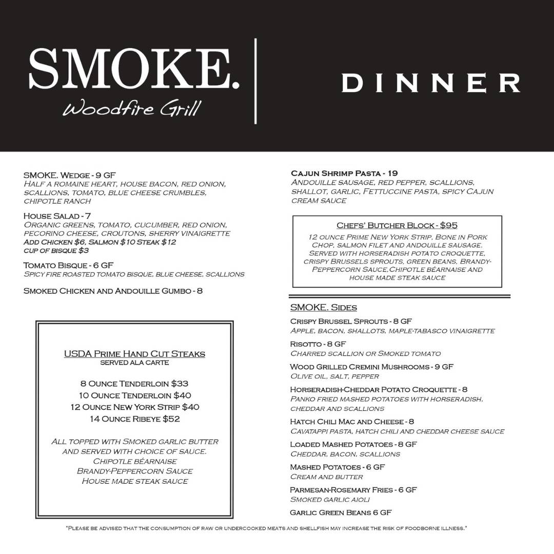 Menu at SMOKE. Woodfire Grill pub & bar, Tulsa