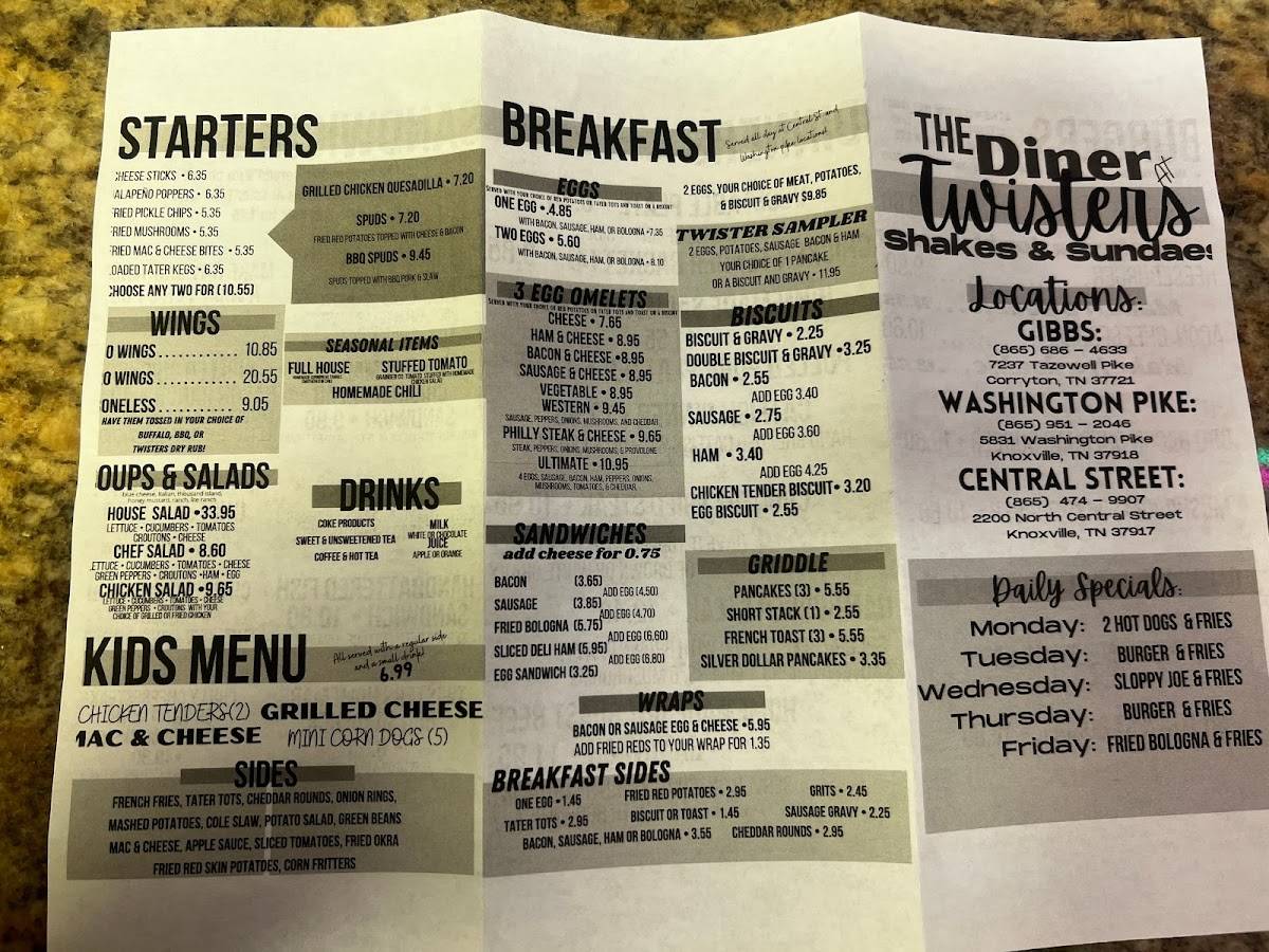 Menu at Twister's Diner restaurant, Knoxville, Washington Pike