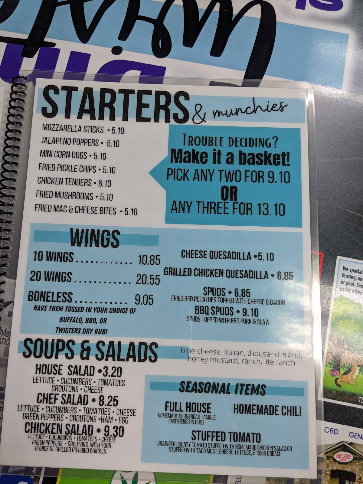 Menu at Twister's Diner restaurant, Knoxville, Washington Pike