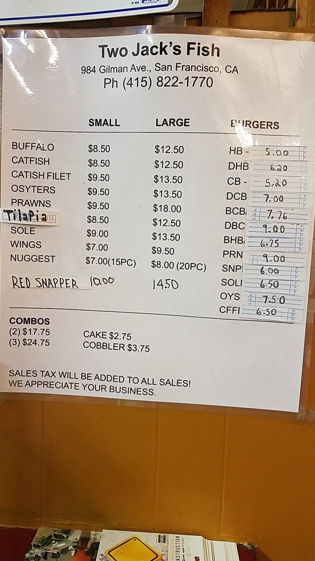 Menu at Two Jack's Seafood restaurant, San Francisco, 984 Gilman Ave