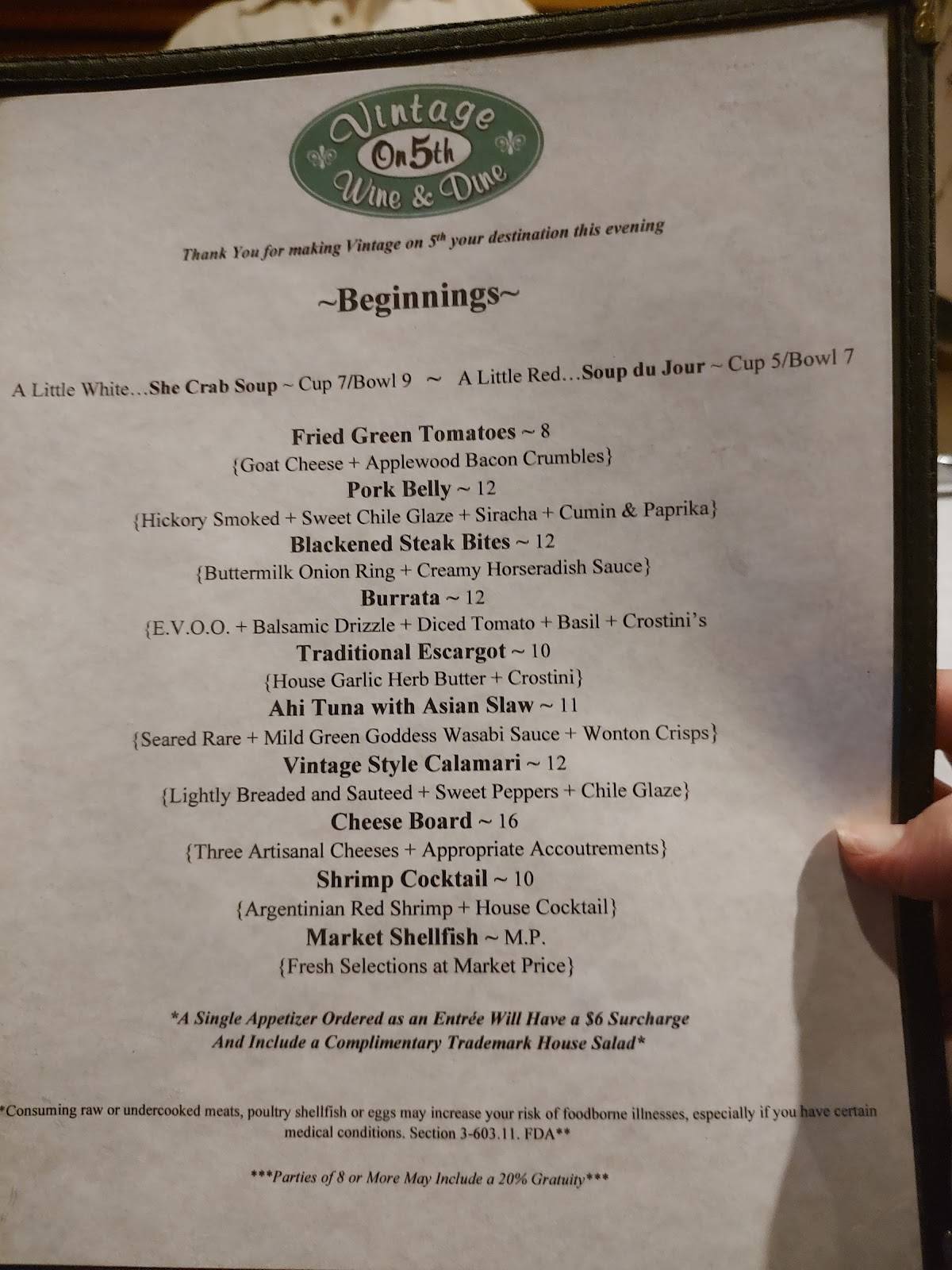 Menu at Vintage On 5th restaurant, Crystal River