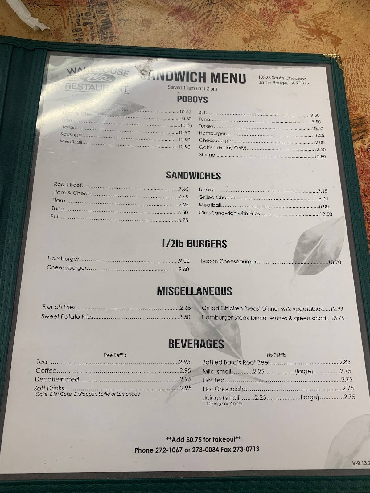 Menu at Warehouse Restaurant, Baton Rouge