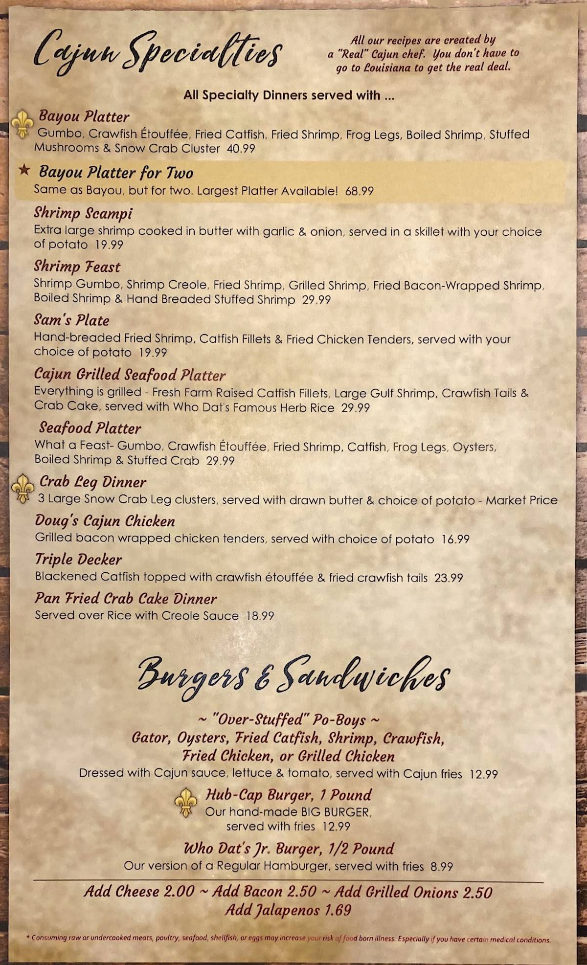 Menu at Who Dat's Cajun Restaurant, Bald Knob