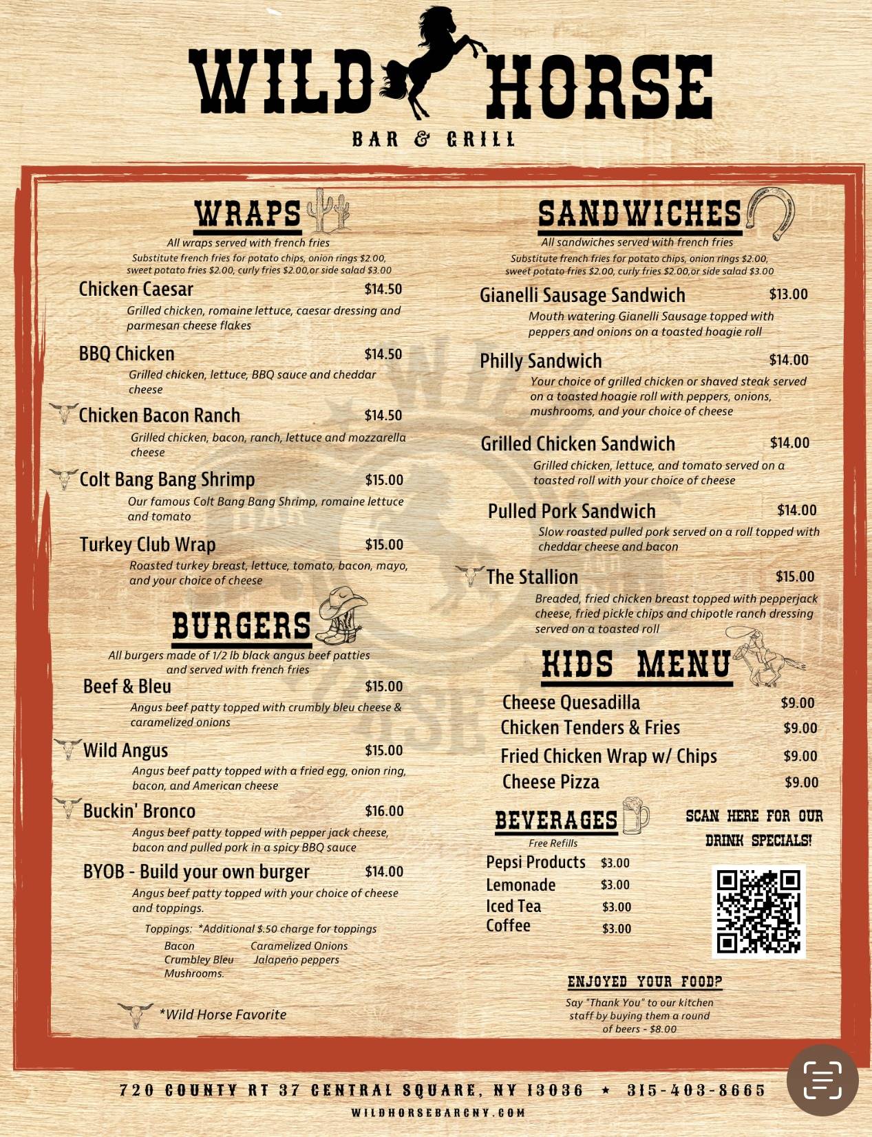 Menu at Wild Horse Bar and Grill, Brewerton