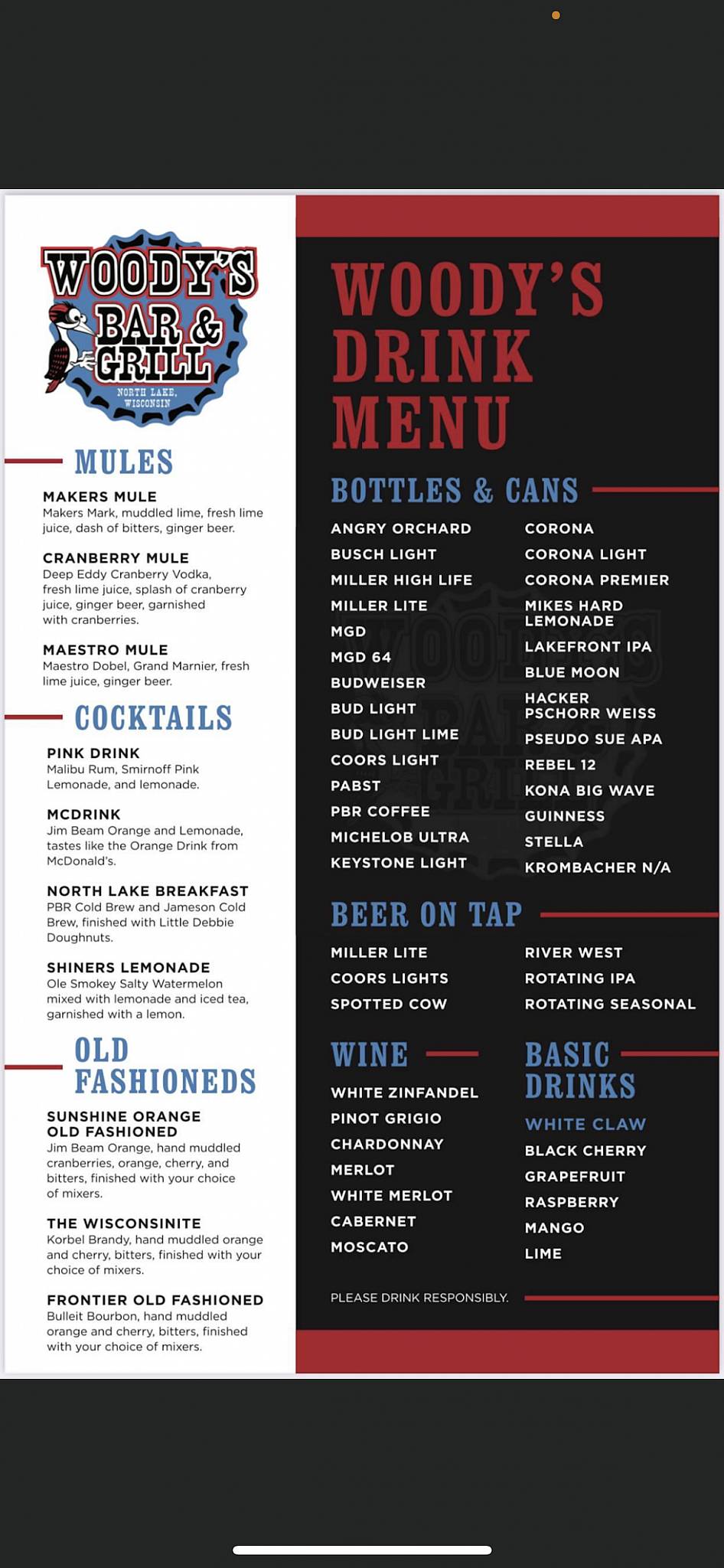 Menu at Woody's Bar & Grill, Hartland