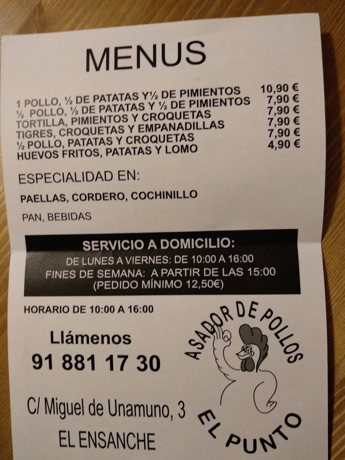 Carta Del Restaurante Asador Del Pollos El Punto Alcala Del Henares