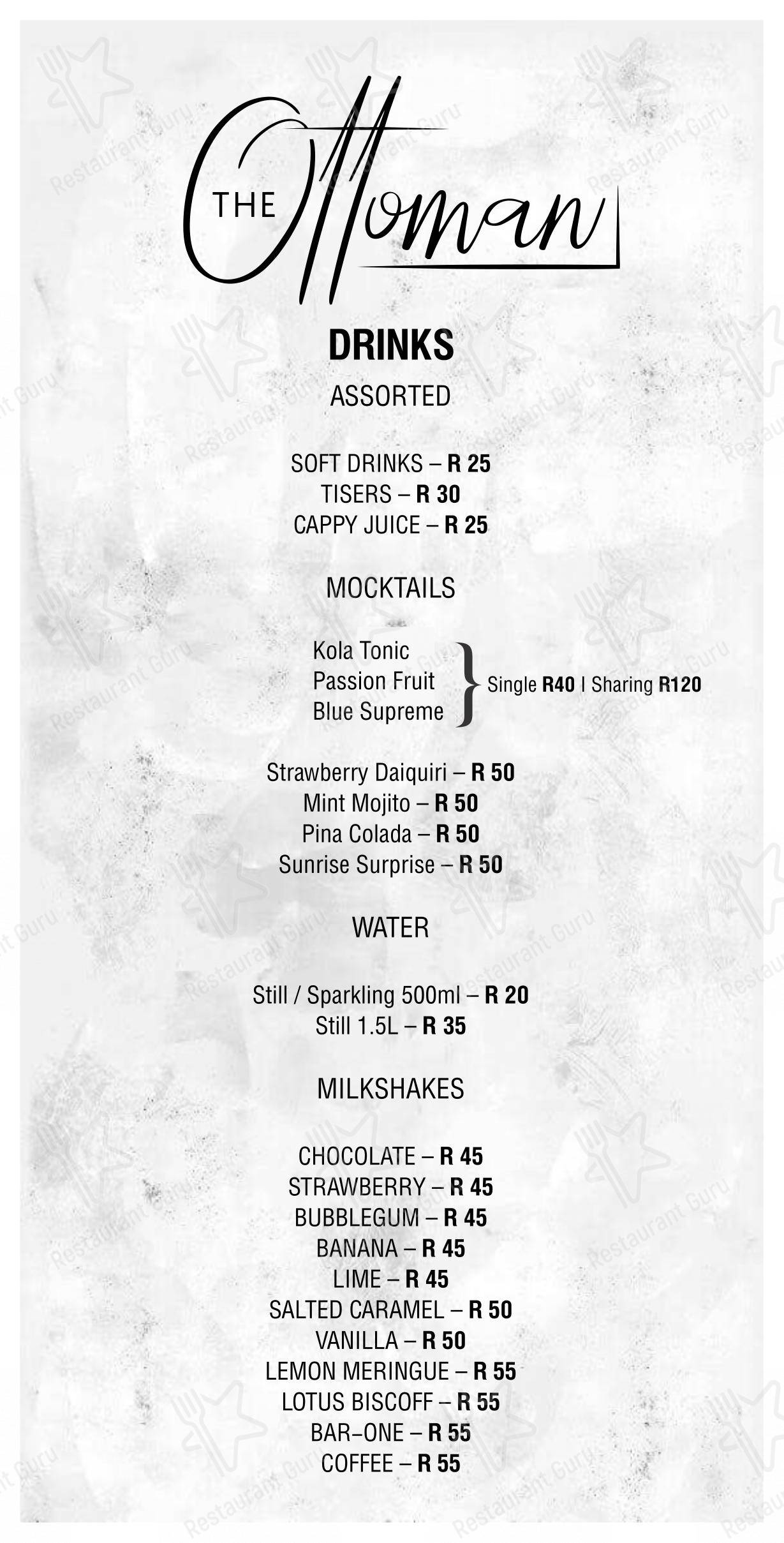 Menu at The Ottoman on Kromboom restaurant, Cape Town