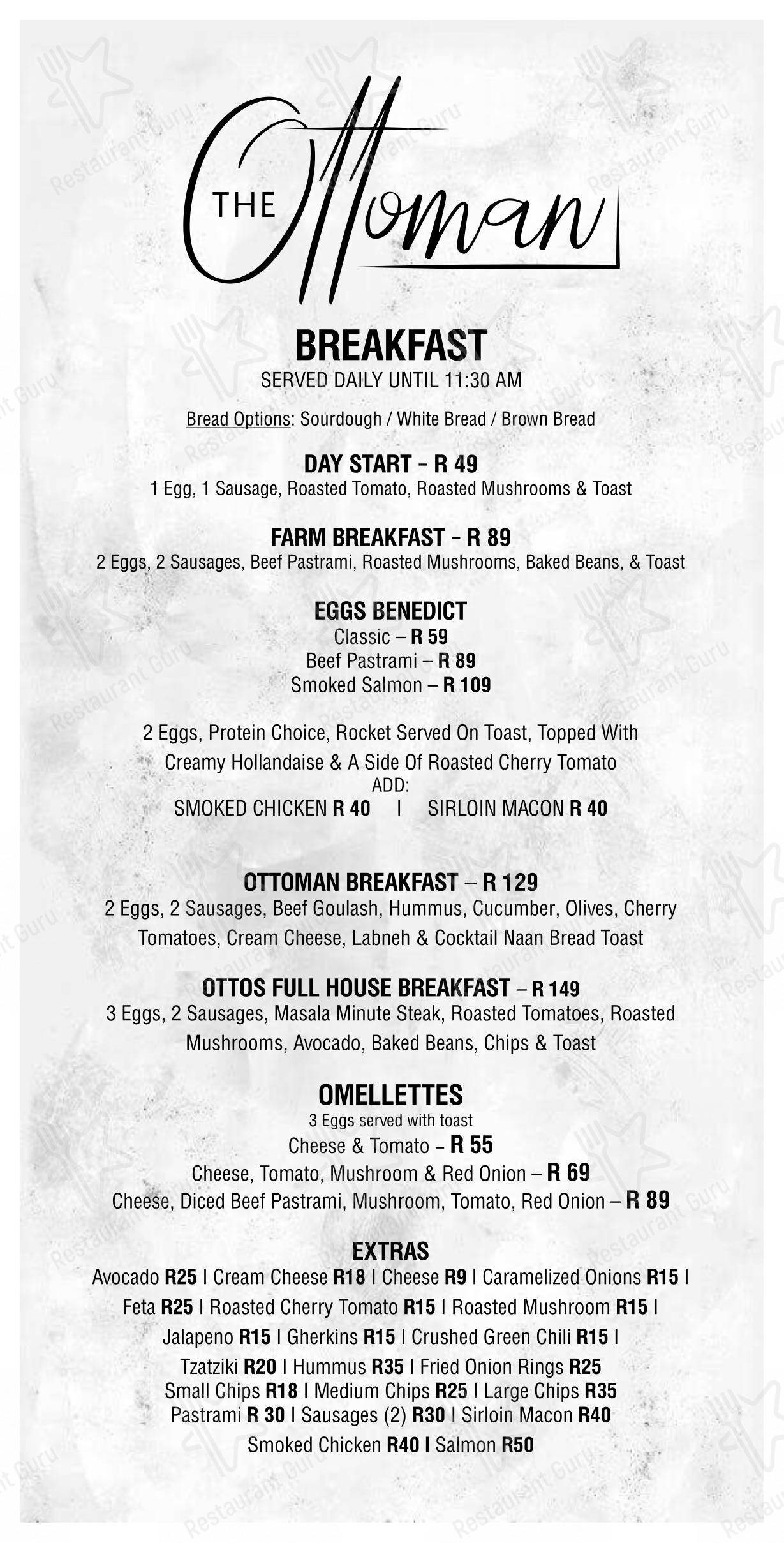 Menu at The Ottoman on Kromboom restaurant, Cape Town