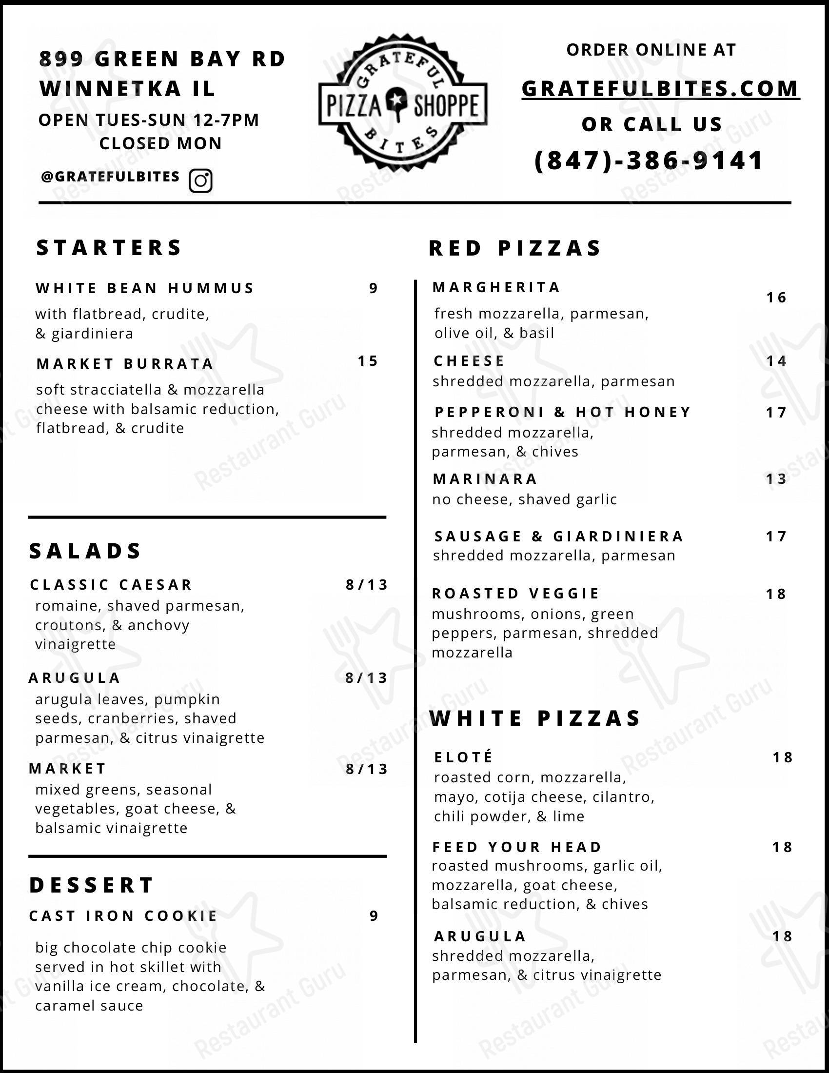 Menu at Grateful Bites Pizza Shoppe pizzeria,