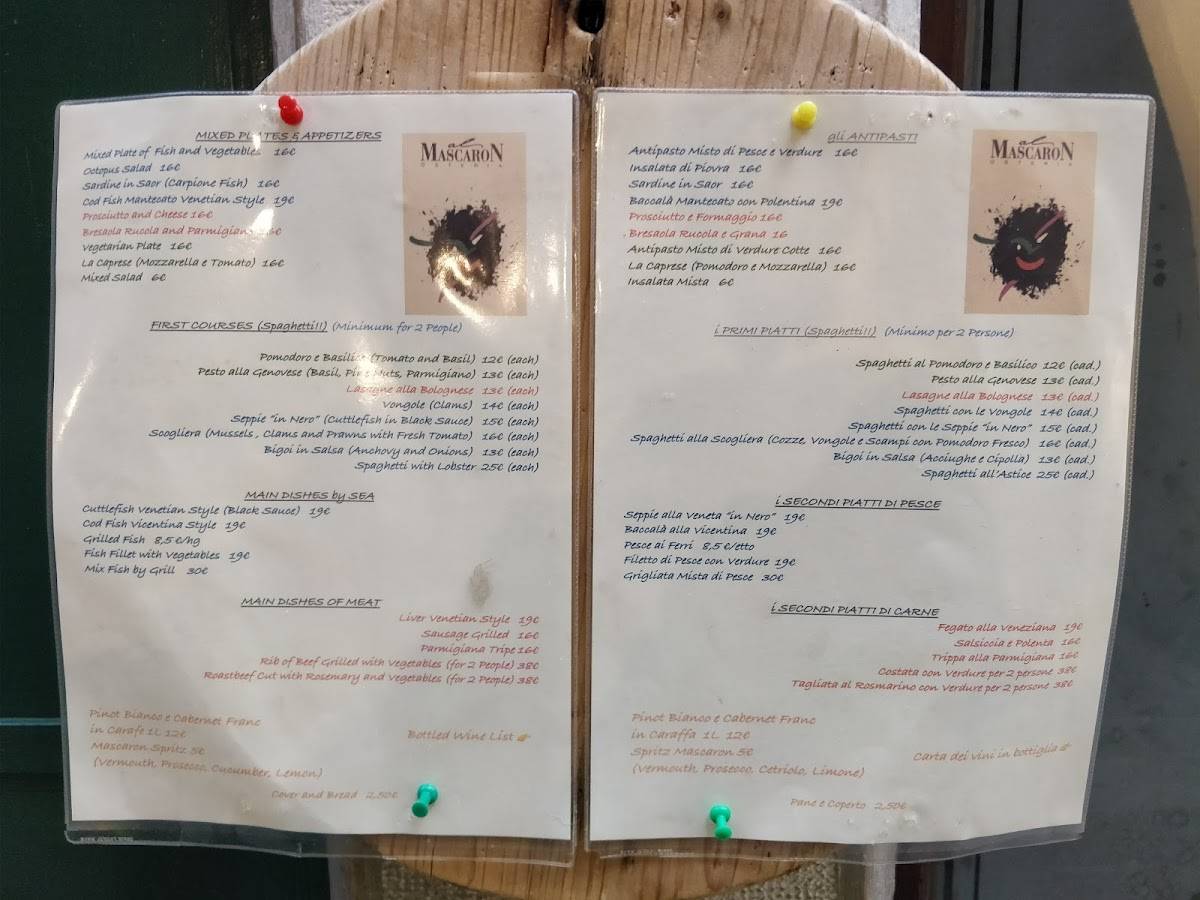 Menu at Al Mascaron restaurant, Venice, Castello