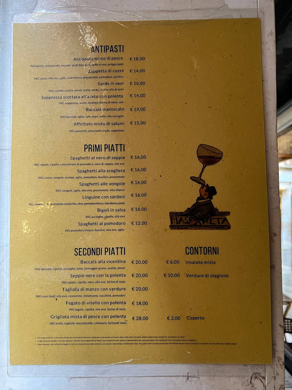 Menu at Al Mascaron restaurant, Venice, Castello