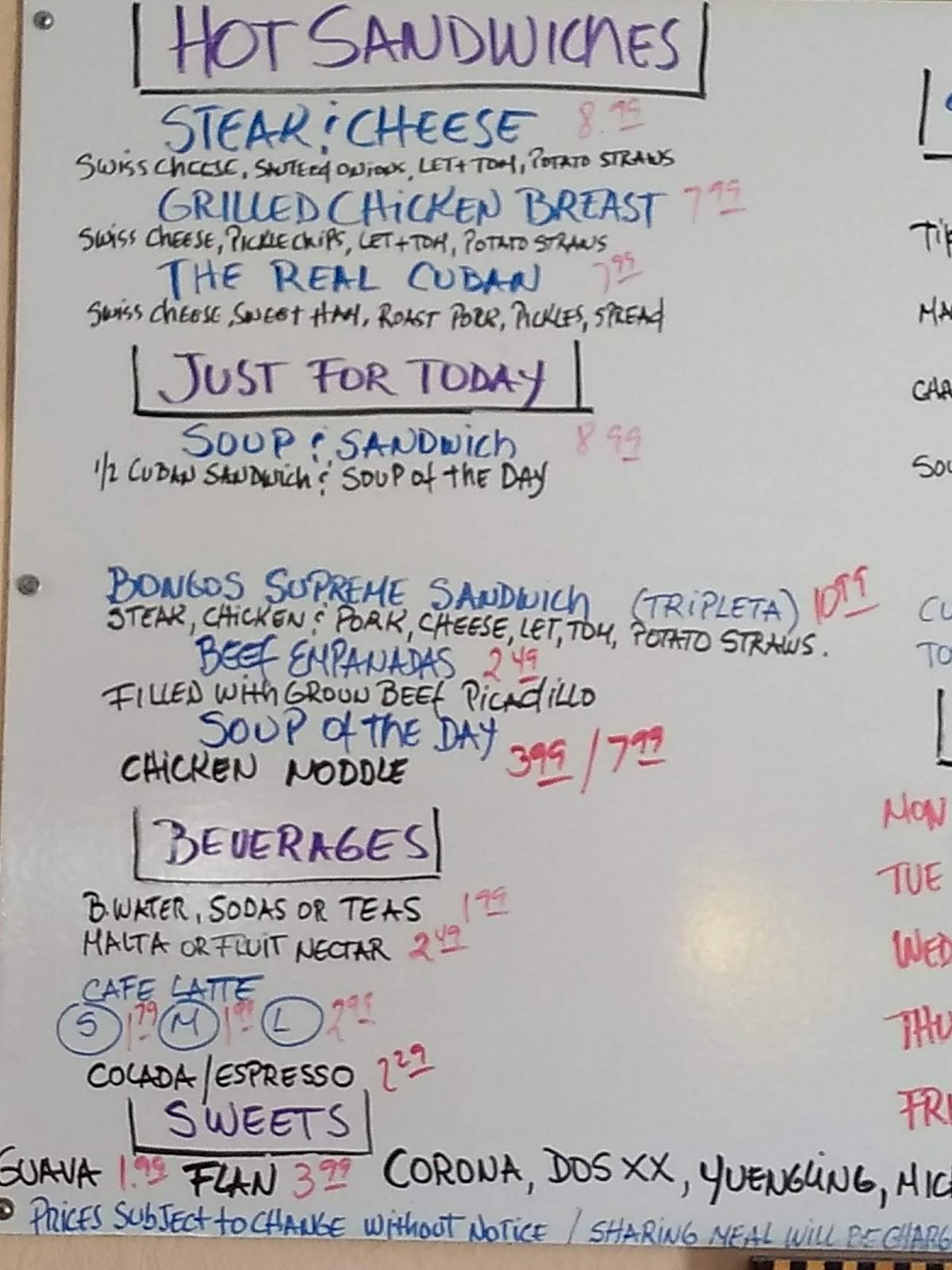 Menu at BONGOS CREATIVE CUISINE restaurant, Sebring