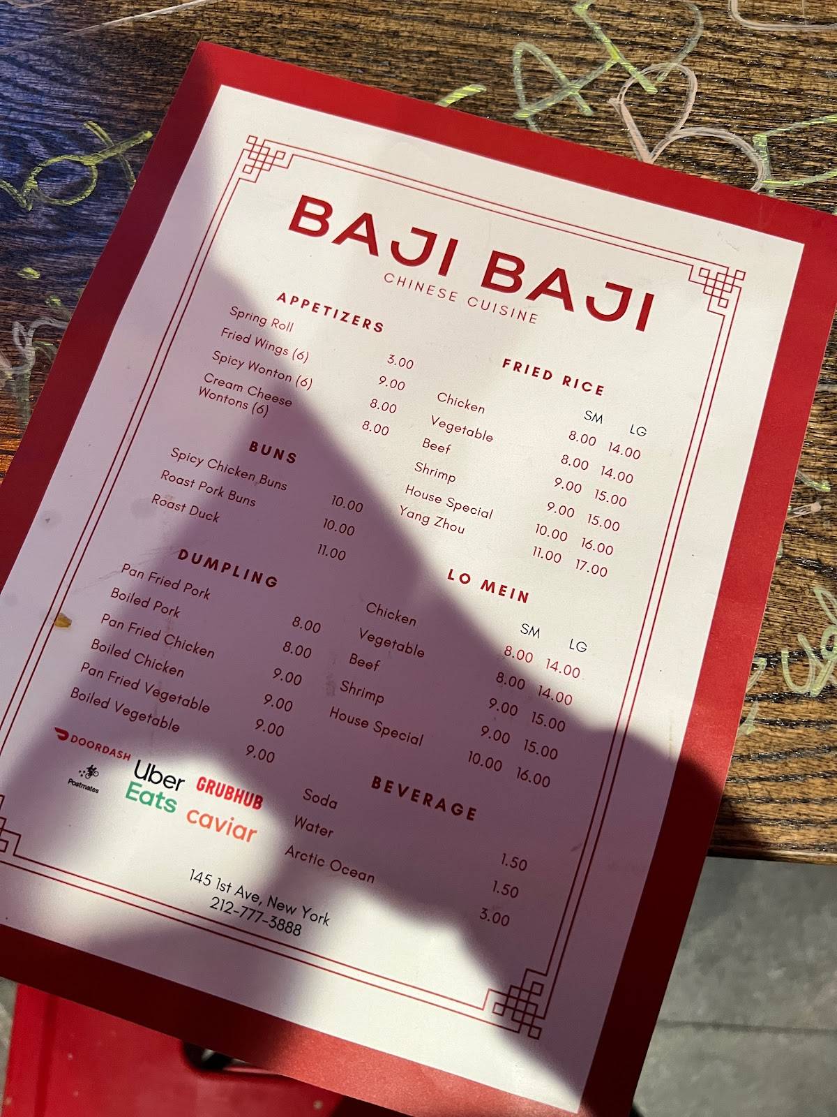 Menu at Baji Baji restaurant, New York City