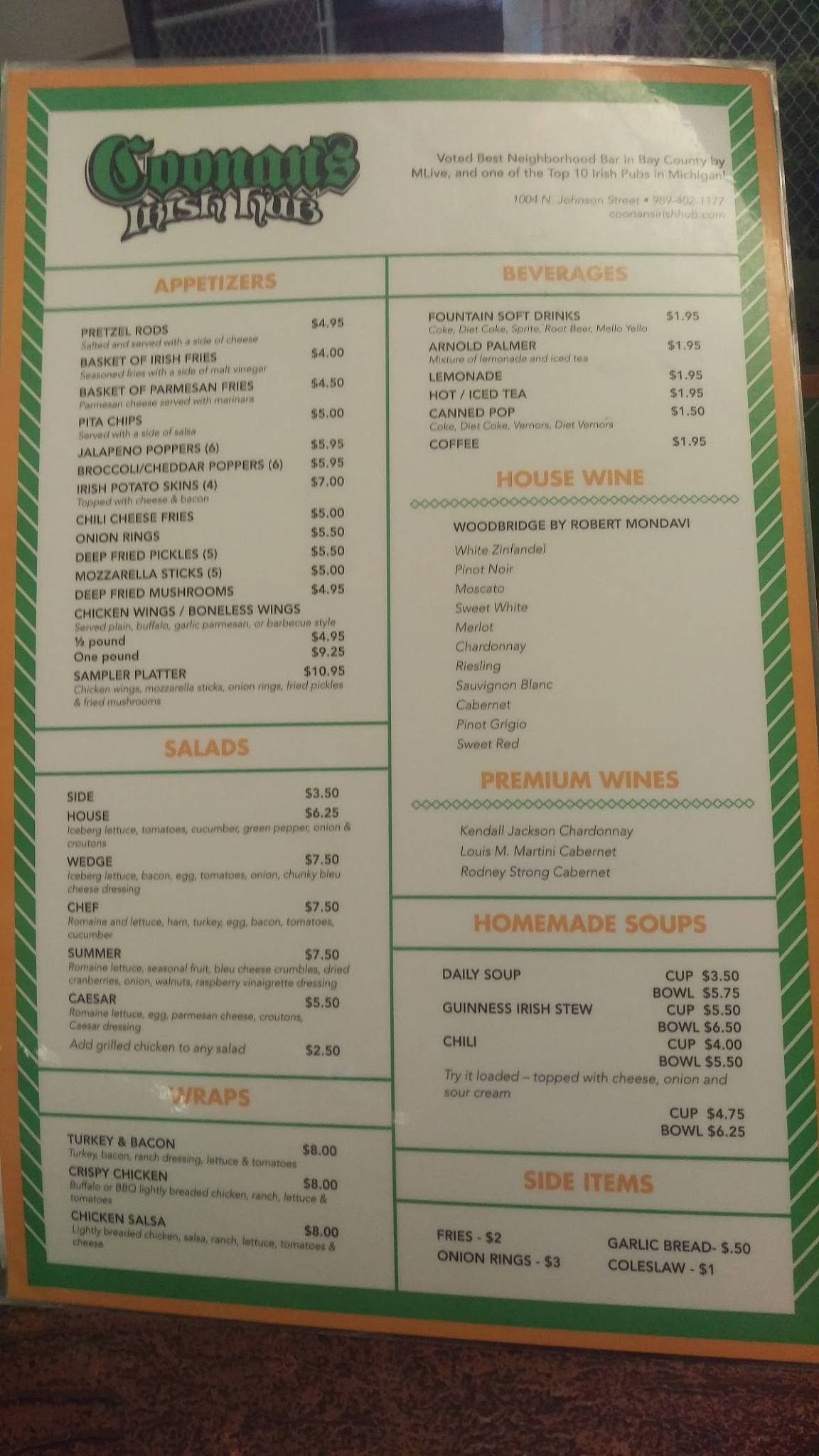 Menu at Coonan's Irish Hub pub & bar, Bay City