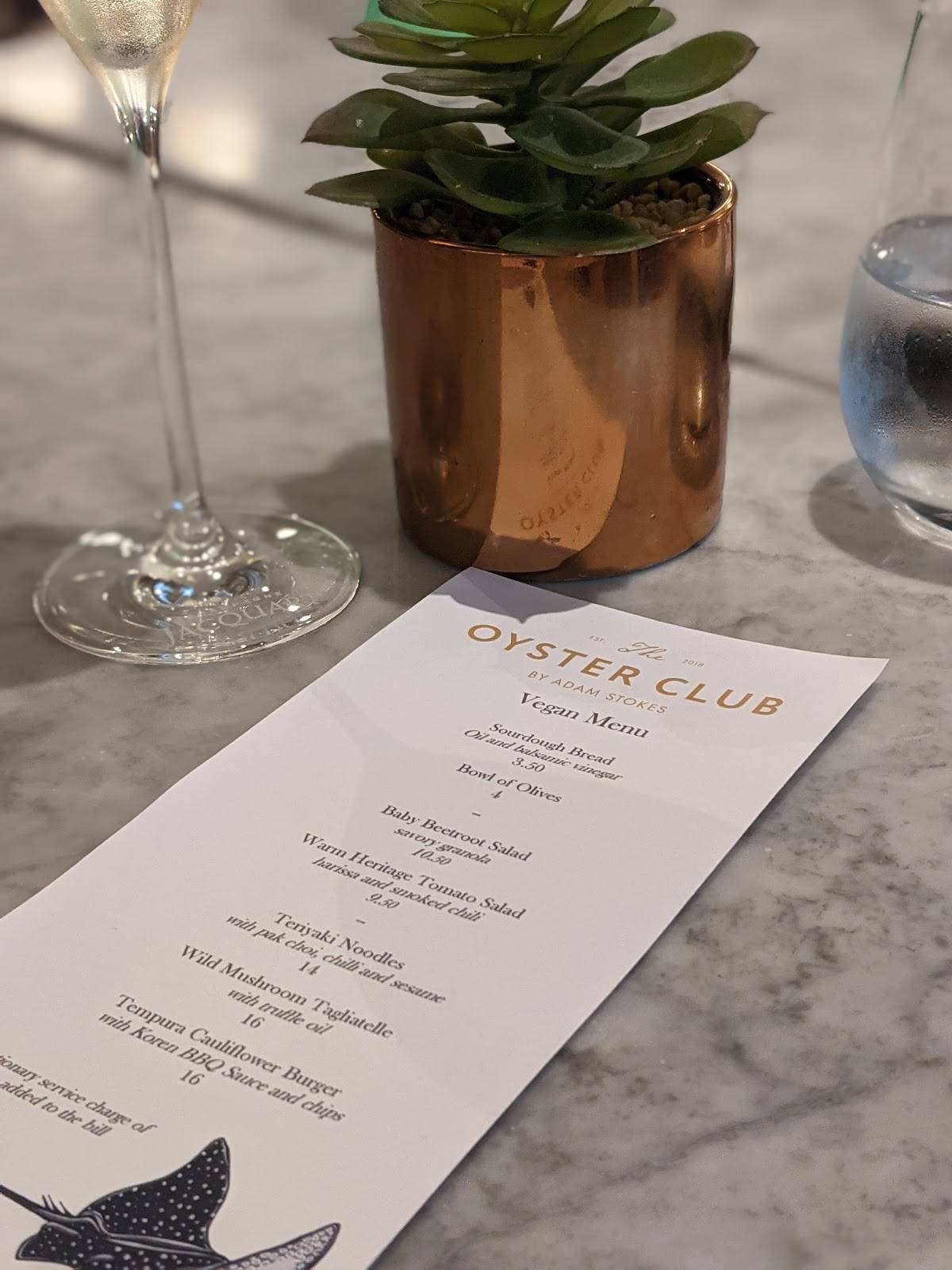 Menu at The Oyster Club, Birmingham