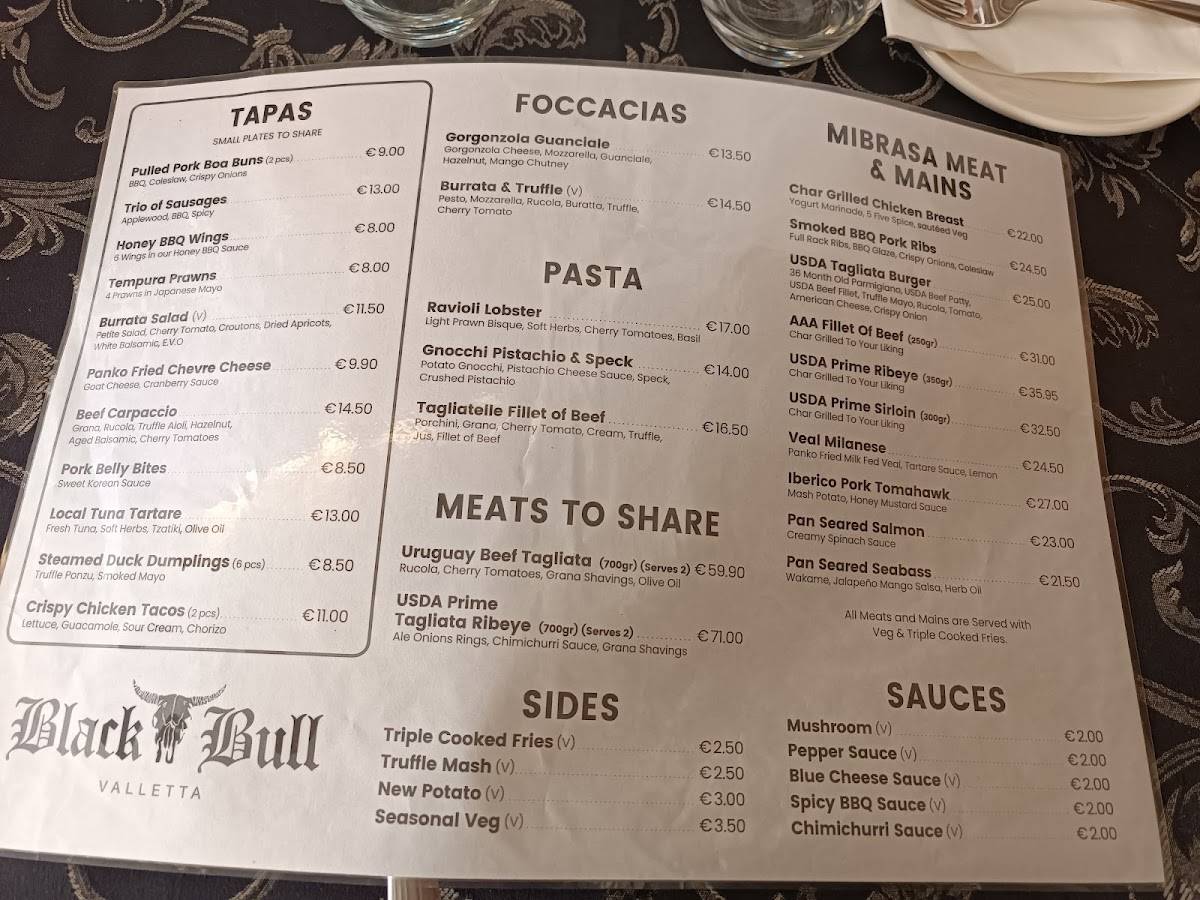 Menu at Black Bull restaurant, Valletta